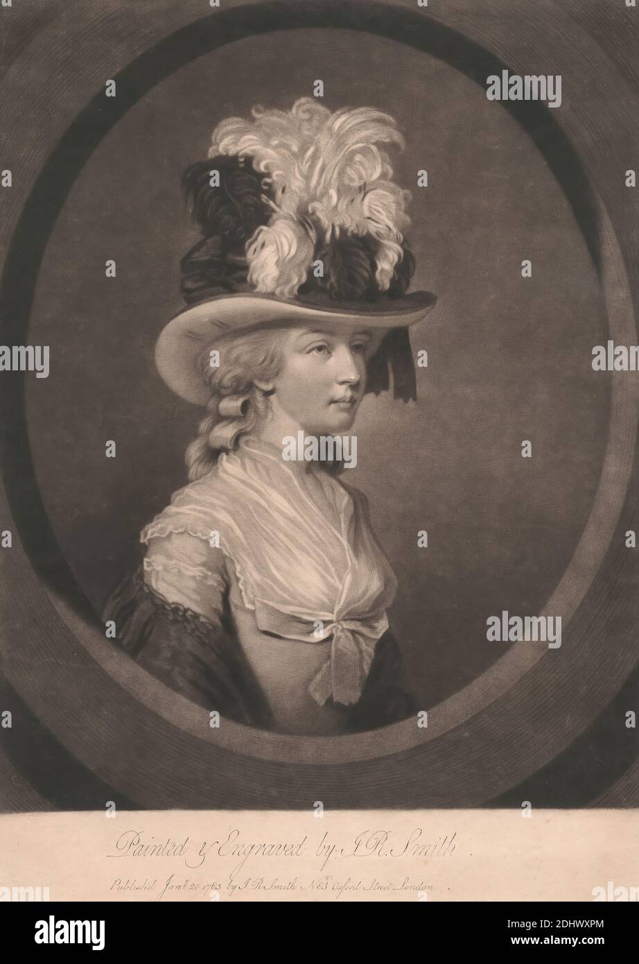 Mme Smith, imprimé par John Raphael Smith, 1752–1812, Britannique, d'après John Raphael Smith, 1752–1812, Britannique, 1783, Mezzotint sur du papier crème modérément épais, modérément texturé, feuille: 14 3/8 × 10 7/16 pouces (36.5 × 26.5 cm), plaque: 14 × 10 1/8 pouces (35.6 × 25.7 cm), et image: 12 1/2 × 25.6 cm (10 1/16 × 31.8 pouces) Banque D'Images