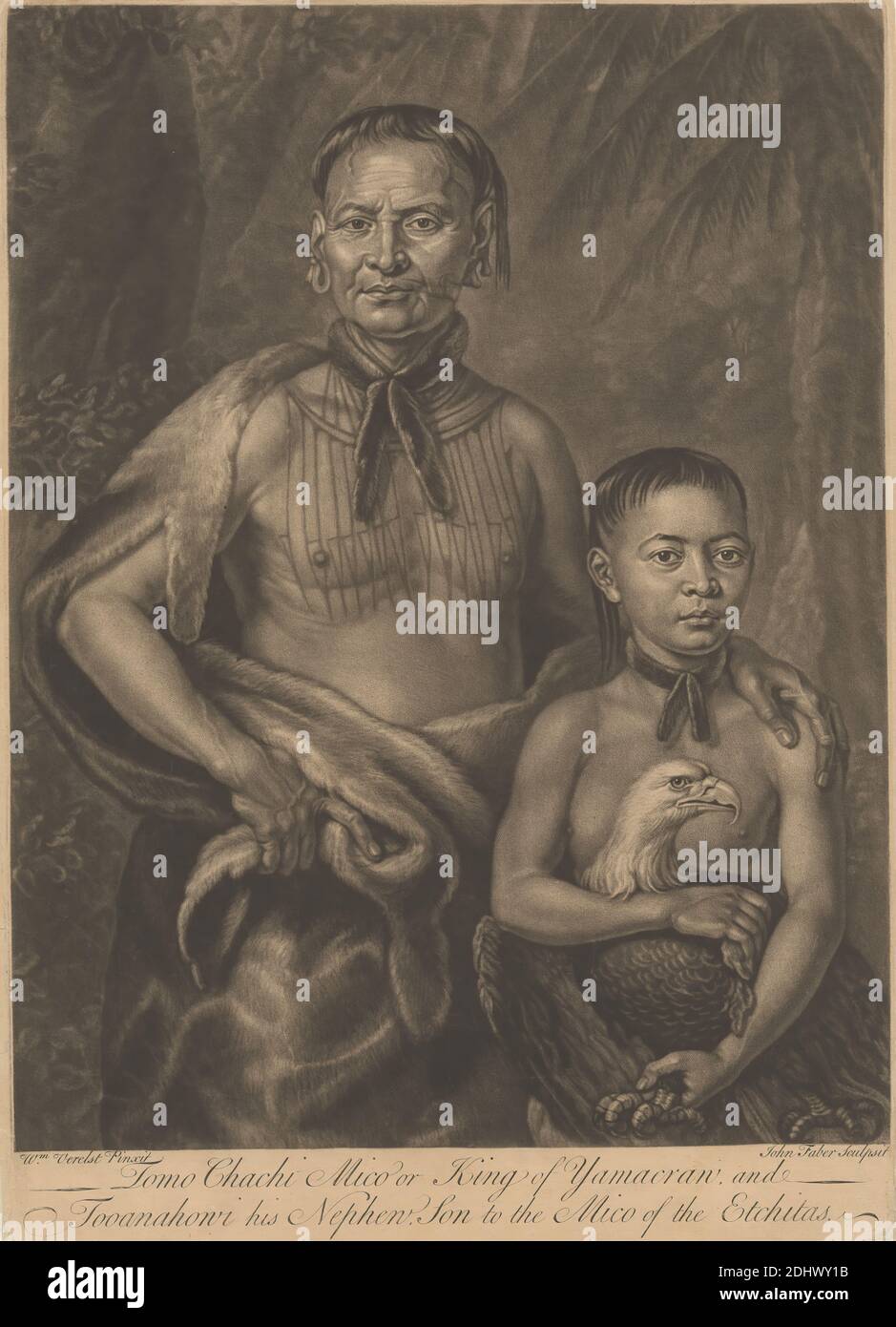 Tomo Chachi Mico, ou roi de YamacRAW, et Tooanahohi sic, son neveu, imprimé par John Faber le plus jeune, ca. 1695–1756, Netherlandish, active en Grande-Bretagne, après William Verelst, 1704–1752, British, vers. 1734, Mezzotint sur papier beige, moyen, légèrement texturé, feuille: 14 1/8 × 10 1/8 pouces (35.8 × 25.7 cm) et image: 12 11/16 x 9 3/4 pouces (32.2 x 24.8 cm), garçon, aigle, fourrure, roi (personne), homme, manteau, amérindien, autochtones, neveu, portrait, tatouage, oncle Banque D'Images