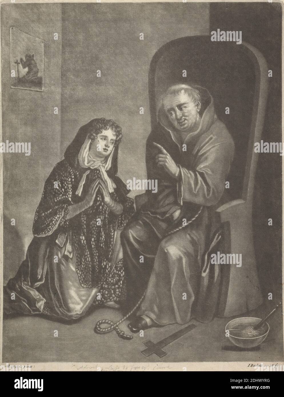 La confession, imprimé par Isaac Beckett, 1652/3–1719, britannique, d'après Marcellus Laroon The Elder, 1653–1702, néerlandais, actif en Grande-Bretagne (de env. 1660), entre 1681 et 1688, Mezzotint sur du papier crème moyennement texturé, feuille: 10 1/2 × 8 1/16 pouces (26.6 × 20.5 cm) et image: 10 1/16 x 7 7/8 pouces (25.5 x 20 cm), bol (bateau), chaise, manteau, commentaire, confession, croix (objet), crucifix, boucles, genre sujet, geste, mains, intérieur, agenouillement, écoute, homme, masturbation, moine, peinture (travail visuel), parodie, motif (élément design), pointage, prière, religieux Banque D'Images