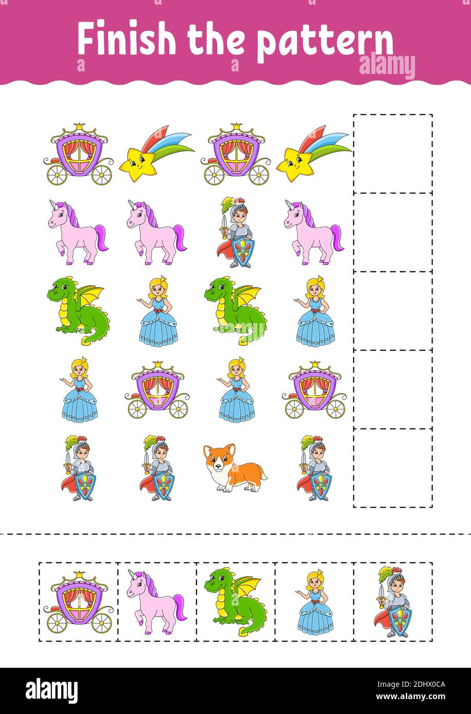 Terminez la répétition. Couper et jouer. Feuille de travail de développement de l'éducation. Page d'activité.caractère de dessin animé. Illustration de Vecteur