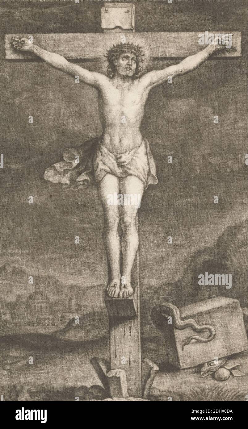 La Crucifixion, imprimé par William Faithorne, 1656–ca. 1701, British, publié par Edward Cooper, active 1682 –mort 1725, British, non daté, Mezzotint sur papier doux, légèrement texturé, beige, feuille: 7 3/8 × 4 1/2 pouces (18.7 × 11.5 cm) et image: 6 7/8 x 4 1/2 pouces (17.5 x 11.5 cm), pomme, sang, bâtiments, Christ sur la croix sur Golgotha (seul, sans spectateurs), nuages, croix (objet), couronne, couronne d'épines, crucifixion, mourir, cycle de la passion, sujet religieux et mythologique, serpent, types spécifiques de Christ crucifié (dans un contexte non narratif) - DD - Christ sans barbe Banque D'Images