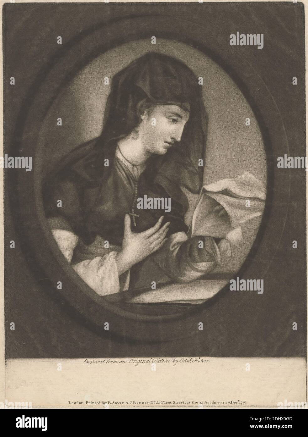 Lucilia, imprimé par Edward Fisher, 1722–1785, British, publié par Sayer & Bennett, 1725–1794, British, 1776, Mezzotint sur papier beige légèrement épais, légèrement texturé, feuille: 10 7/16 x 7 13/16 pouces (26.5 x 19.8 cm), plaque: 9 15/16 x 7 1/2 pouces (25.3 x 19 cm), et image: 8 3/4 x 7 1/2 pouces (22.2 x 19 cm), cap, croix (motif), regard, geste, illustration, lettre, thème littéraire, collier, ovale, papiers, pose, profil, lecture, rosaire, manches, le Vicaire de Wakefield (1766), voile, femme Banque D'Images