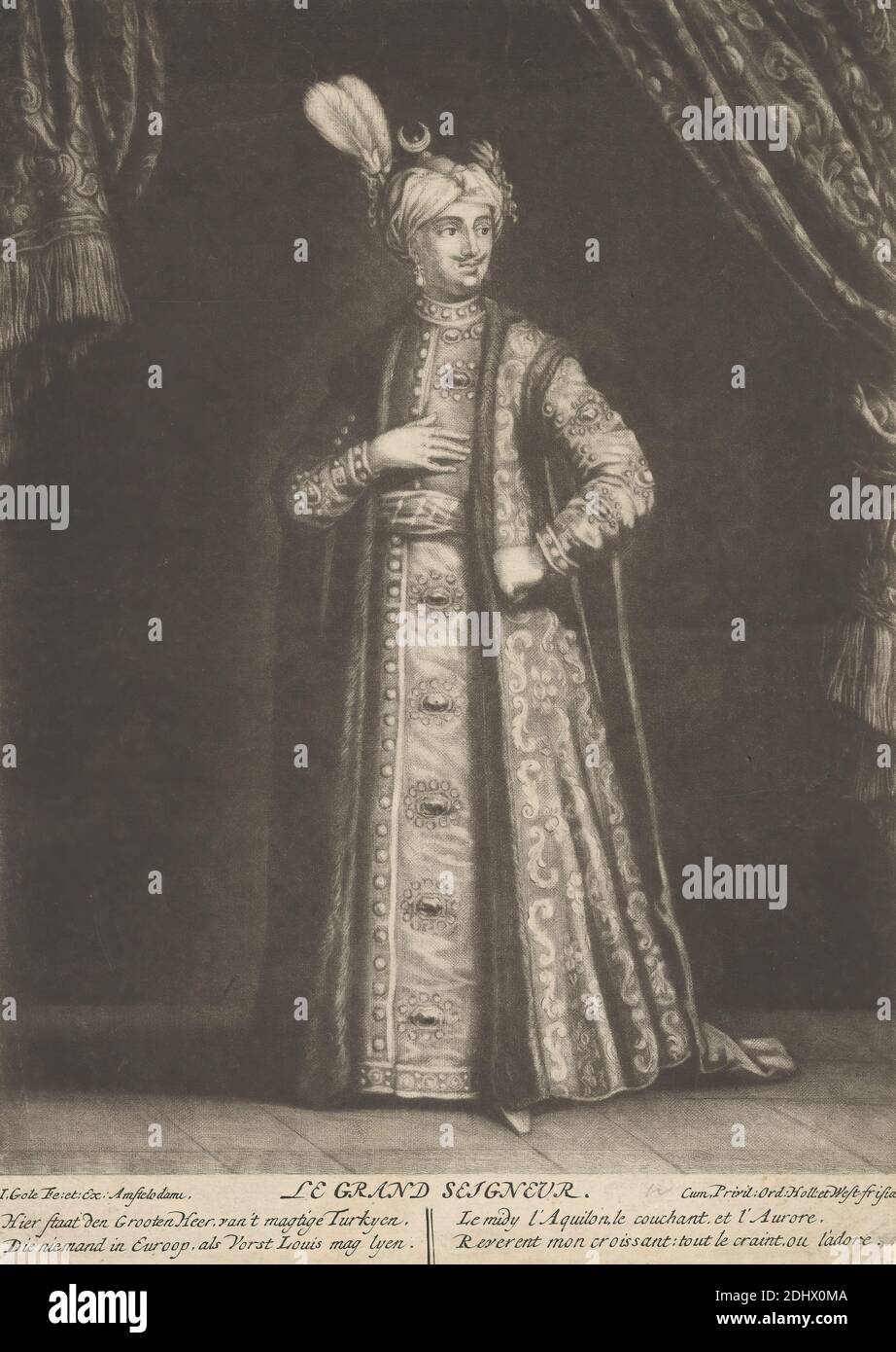 Le Grand Seigneur, imprimé par Jacob Gole, 1660–1737, néerlandais, non daté, Mezzotint sur papier à la crème, moyen, légèrement texturé, feuille: 10 1/16 × 7 3/16 pouces (25.5 × 18.2 cm) et image: 9 1/4 x 7 1/8 pouces (23.5 x 18.1 cm), costume, drapery, broderie, plumes, fourrure, geste, grand seigneur, coiffure, bijoux, bijoux, homme, noblesse, portrait, robe, sultan, glands, turban, turc Banque D'Images