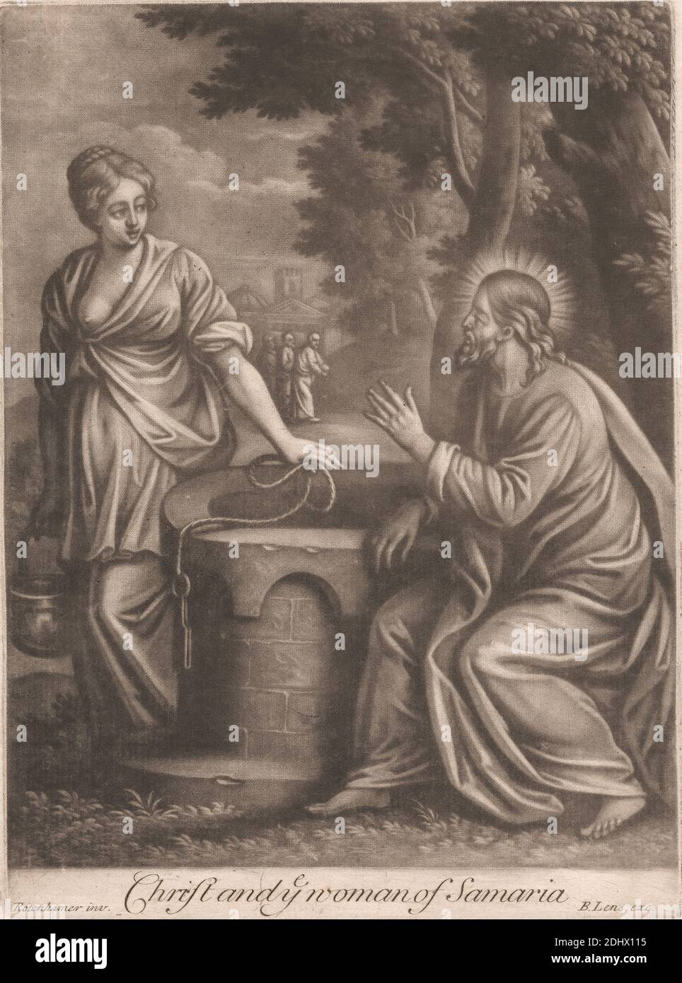 Christ and Ye Woman of Samaria, imprimé par Bernard Lens, 1659–1725, britannique, d'après Hans Rotenhamer, 1564–1625, allemand, non daté, Mezzotint sur papier moyen, légèrement texturé, crème, feuille: 8 5/8 × 6 7/16 pouces (21.9 × 16.4 cm) et image: 8 × 6 3/16 pouces (20.3 × 15.7 cm), adultère, seau, halo, vie, amour, ministère, pardonnage, sujet religieux et mythologique, corde, péché, enseignement, vaisseau, puits d'eau, femme Banque D'Images
