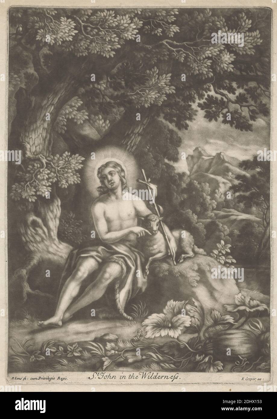 St. John in the Wilderness, imprimé par Bernard Lens, 1659–1725, Britannique, non daté, Mezzotint sur papier crème moyen, modérément texturé, feuille: 12 3/16 × 8 9/16 pouces (31 × 21.7 cm), plaque: 11 1/16 × 7 13/16 pouces (28.1 × 19.8 cm), et image: 10 3/4 × 7 3/4 pouces (27.3 × 19.7 cm), pieds nus, cheveux de chameau, croix (objet), croix (motifs), halos, Jean-Baptiste; attributs possibles: Livre, croix de roseau, coupe baptismal, nid d'abeille, agneau, personnel - début de vie de saint, agneau, montagne, obéissance, prophète, roseau, sujet religieux et mythologique, assis, arbres, vignes, désert Banque D'Images