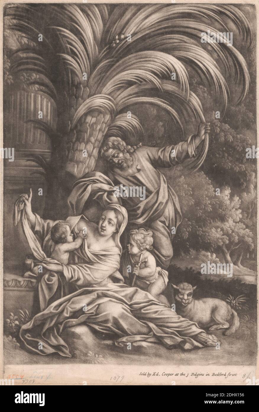The Holy Family, imprimé par Bernard Lens, 1659–1725, Britannique, non daté, Mezzotint sur papier crème moyennement texturé, feuille: 11 11/16 × 7 15/16 pouces (29.7 × 20.2 cm), plaque: 11 7/16 × 7 3/4 pouces (29.1 × 19.7 cm), et image: 10 15/16 × 7 3/4 pouces (27.8 × 19.7 cm), bébé, enfant, christianisme, croix (objet), famille, Sainte famille avec Jean-Baptiste (comme enfant), Jean-Baptiste; attributs possibles : livre, roseau, coupe baptismale, nid d'abeille, agneau, personnel - début de vie de saint mâle, agneau, palmier, roseau, sujet religieux et mythologique, saints, arbres, voiles Banque D'Images