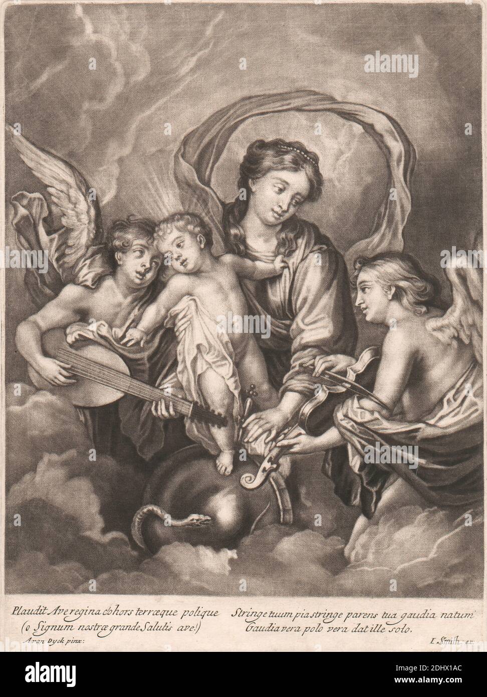 Plaudit Ave Regina, imprimé par John Smith, 1652–1743, Britannique, d'après Sir Anthony Van Dyck, 1599–1641, flamand, actif en Grande-Bretagne (1620–21; 1632–34; 1635–41), non daté, Mezzotint sur papier crème moyennement texturé, feuille: 9 11/16 × 7 1/4 pouces (24.6 × 18.4 cm), plaque: 9 7/16 × 7 pouces (24 × 17.8 cm), et image: 8 5/8 × 6 15/16 pouces (21.9 × 17.6 cm), anges, arcs, christianisme, toile, nuages, croix (motif), robe, halo, instruments, luth, musique, orbe, sujet religieux et mythologique, serpent, debout, violon, ailes Banque D'Images