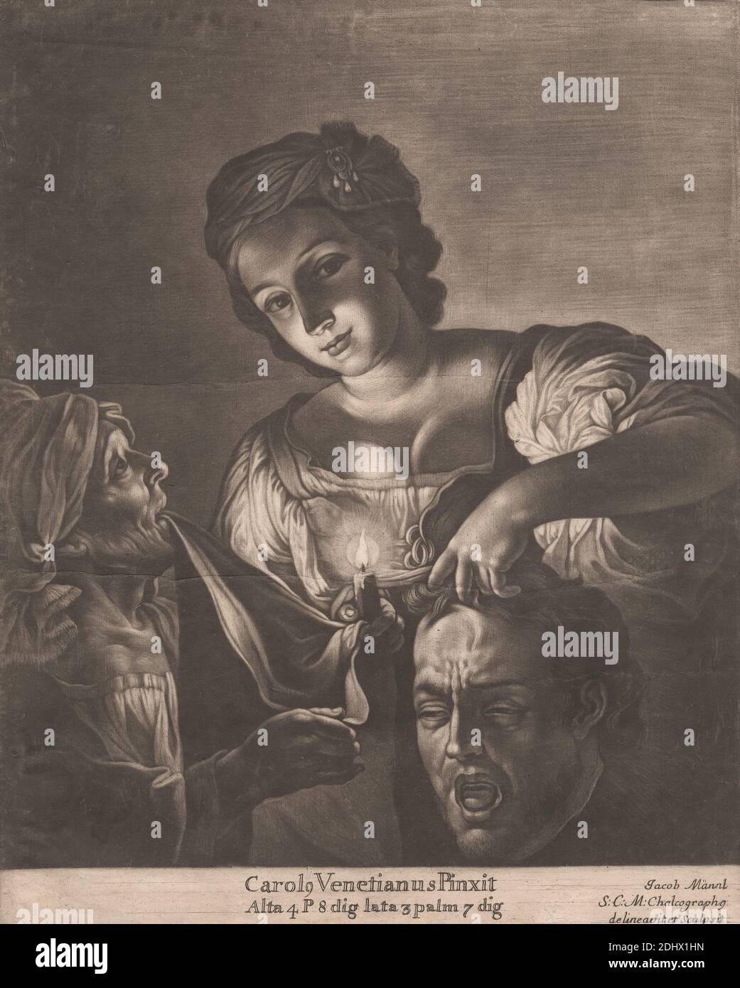 Judith avec la tête d'Holofernes, imprimé par Jacob Mannl, 1654–1712, d'après Carlo Saraceni, c.1579–1620, italien, non daté, Mezzotint sur papier moyen, légèrement texturé, crème, feuille: 10 15/16 × 8 15/16 pouces (27.8 × 22.7 cm) et image: 10 3/16 × 8 13/16 pouces (25.9 × 22.4 cm), bougie, christianisme, aîné, général, tête, foulard, judaïsme, convoitise, meurtre, ancien Testament, protection, sac, serviteur, veuve, femmes Banque D'Images