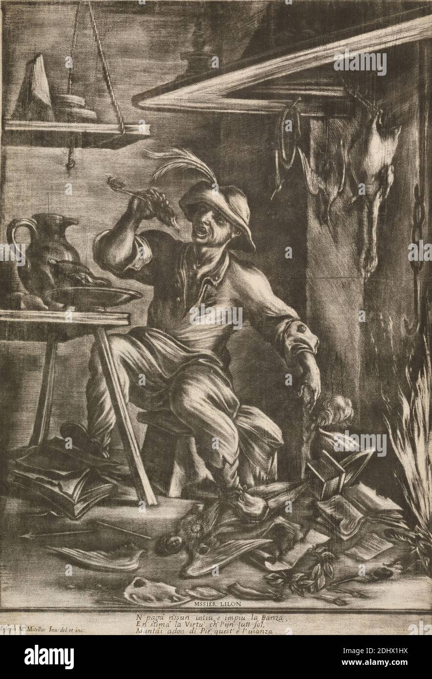 Mssier Lilon, imprimé par Giuseppe Maria Mitelli, 1634–1718, italien, non daté, Mezzotint sur papier moyen, modérément texturé, crème, feuille: 15 3/4 × 10 13/16 pouces (40 × 27.5 cm) et image: 15 1/16 × 10 5/8 pouces (38.3 × 27 cm) Banque D'Images