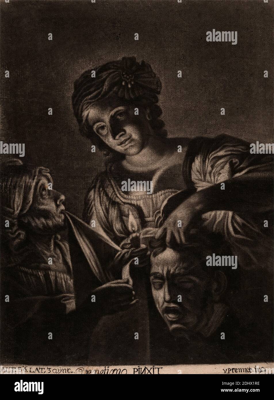 Judith avec la tête d'Holofernes, imprimé par Anton Joseph von Prenner, 1683–1761, autrichien, d'après Carlo Saraceni, c.1579–1620, italien, 1728, Mezzotint sur modérément épais, modérément texturé, crème, papier couché, feuille: 9 1/8 × 6 13/16 pouces (23.2 × 17.3 cm) et image: 8 5/8 × 6 5/8 pouces (21.9 × 16.8 cm), bougie, christianisme, boucle d'oreille, aîné, tête, héroïne, judaïsme, meurtre, ancien Testament, sujet religieux et mythologique, sac, serviteur, turban Banque D'Images