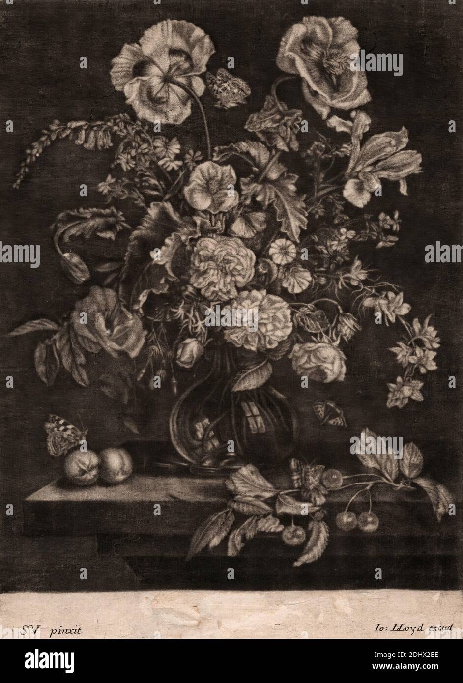 Fleurs dans un vase en verre avec fruits et papillons, imprimé par Robert Robinson, actif 1674–1706, britannique, d'après Simon Verelst, 1644–1710, néerlandais, actif en Grande-Bretagne (par 1669), publié par John Lloyd, actif 1682, décédé 1713, britannique, 1682, Mezzotint sur moyen, légèrement texturé, crème, papier couché, feuille: 9 1/16 × 6 9/16 pouces (23 × 16.7 cm) et image : 8 3/8 × 6 9/16 pouces (21.3 × 16.7 cm) Banque D'Images