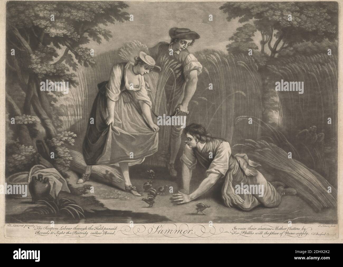 Été, imprimé par John Simon, 1675–1755, français, d'après Nicolas Lancret, 1690–1743, français, 1758, Mezzotint sur modérément épais, modérément texturé, blanc bleuté, papier couché, feuille: 10 3/8 × 14 1/2 pouces (26.4 × 36.8 cm), plaque: 10 × 14 pouces (25.4 × 35.6 cm), et image: 9 5/16 × 35.4 cm (13 15/16 × 23.7 pouces) Banque D'Images
