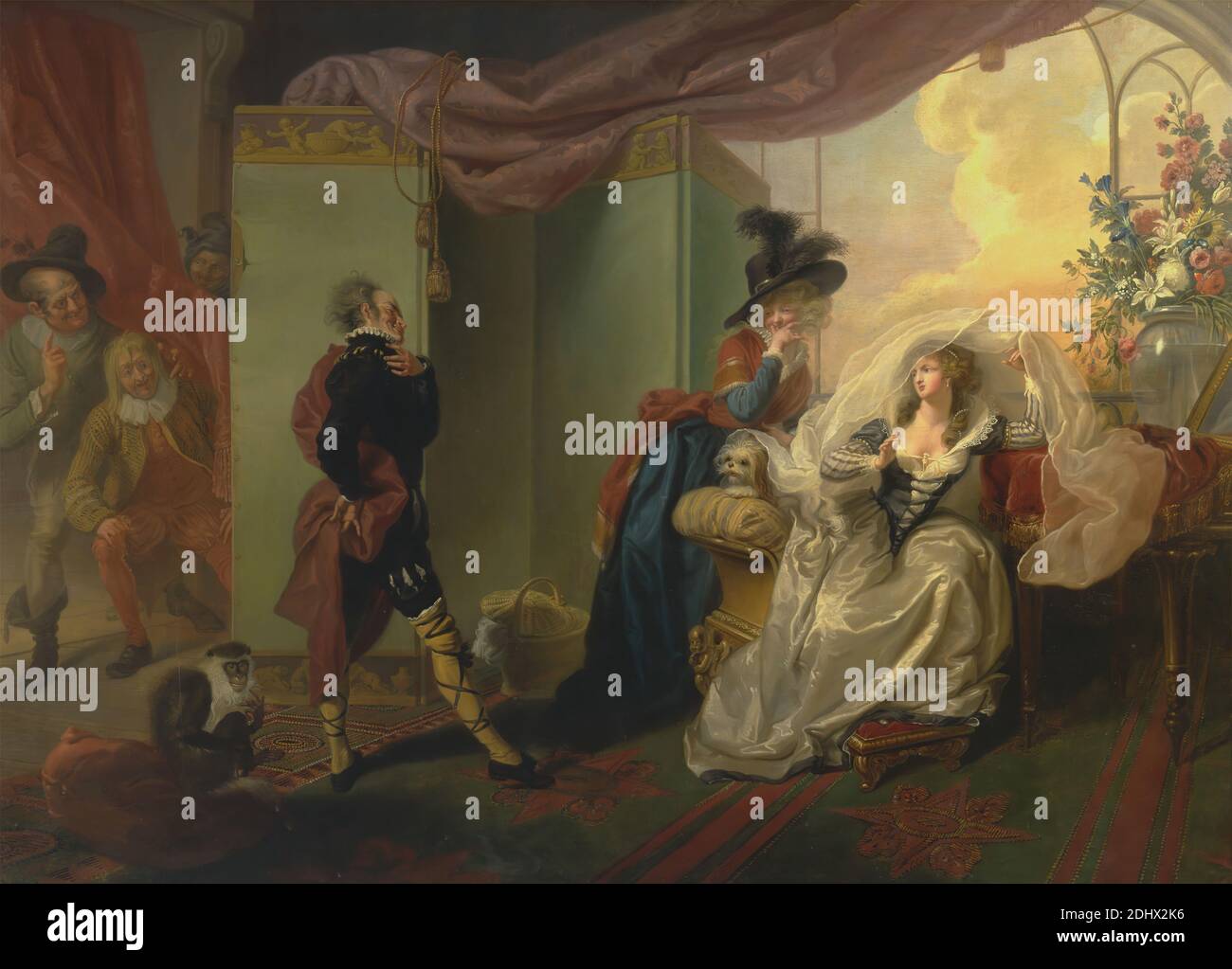 Olivia, Maria et Malvolio de 'Twelth Night', Act III, scène iv, Johann Heinrich Ramberg, 1763–1840, allemand, actif en Grande-Bretagne (1781–88), 1789, huile sur toile, support (PTG) : 62 1/8 x 86 7/8 pouces (157.8 x 220.7 cm), acteurs, panier, costume, rideaux, fleurs (plantes), humour, intérieur, lumière, thème littéraire, amour, lettres d'amour, hommes, romance, tapis, écran, serviteur, théâtre (discipline), douzième nuit; ou, ce que vous allez, jouer par William Shakespeare, vase, fenêtre, femme Banque D'Images