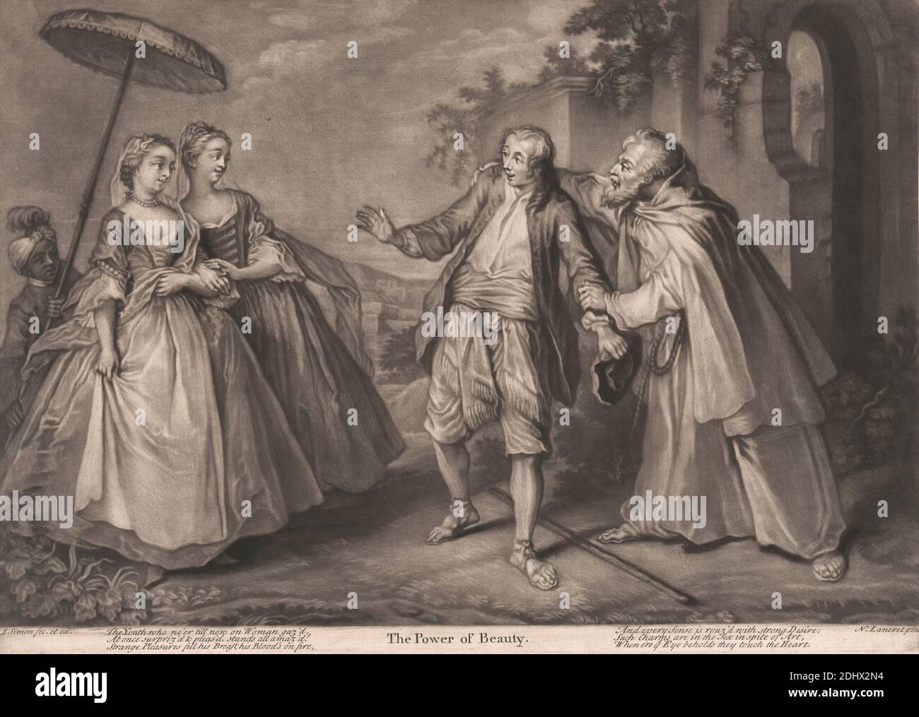 The Power of Beauty, imprimé par John Simon, 1675–1755, français, d'après Nicolas Lancret, 1690–1743, français, non daté, mezzotint sur modérément épais, modérément texturé, crème, papier coulé, feuille: 10 11/16 × 14 11/16 pouces (27.1 × 37.3 cm), plaque: 9 7/8 × 13 15/16 pouces (25.1 × 35.4 cm), et image: 9 7/16 × 35.1 cm (13 13/16 × 24 pouces) Banque D'Images