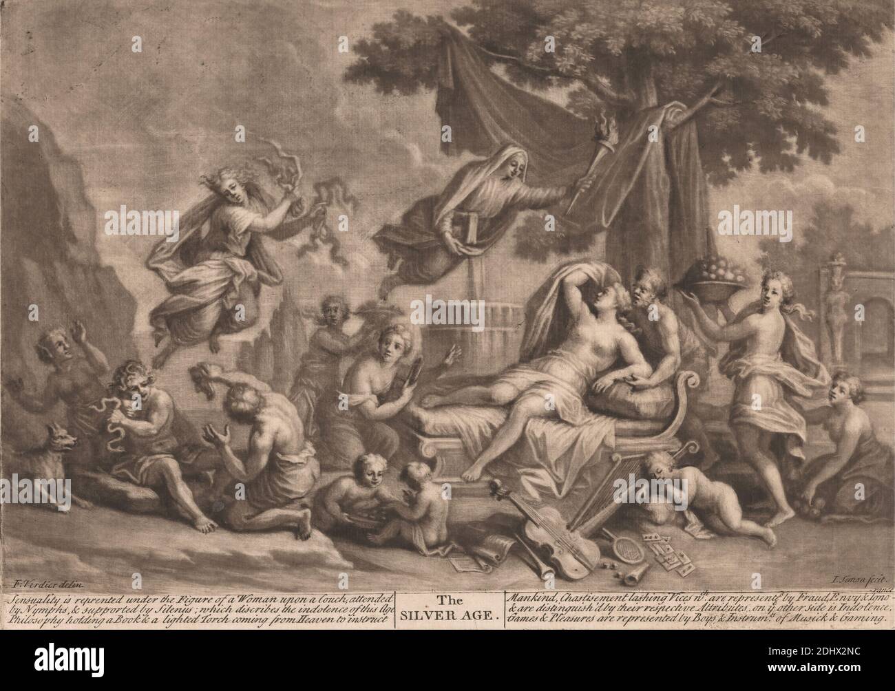 The Silver Age, imprimé par John Simon, 1675–1755, français, après François Verdier, 1651–1730, français, non daté, Mezzotint sur moyen, modérément texturé, crème, papier coulé, feuille: 11 3/8 × 15 7/16 pouces (28.9 × 39.2 cm), plaque: 9 3/4 × 13 3/4 pouces (24.8 × 34.9 cm), et image: 9 1/8 × 34.8 cm (13 11/16 × 23.2 pouces) Banque D'Images