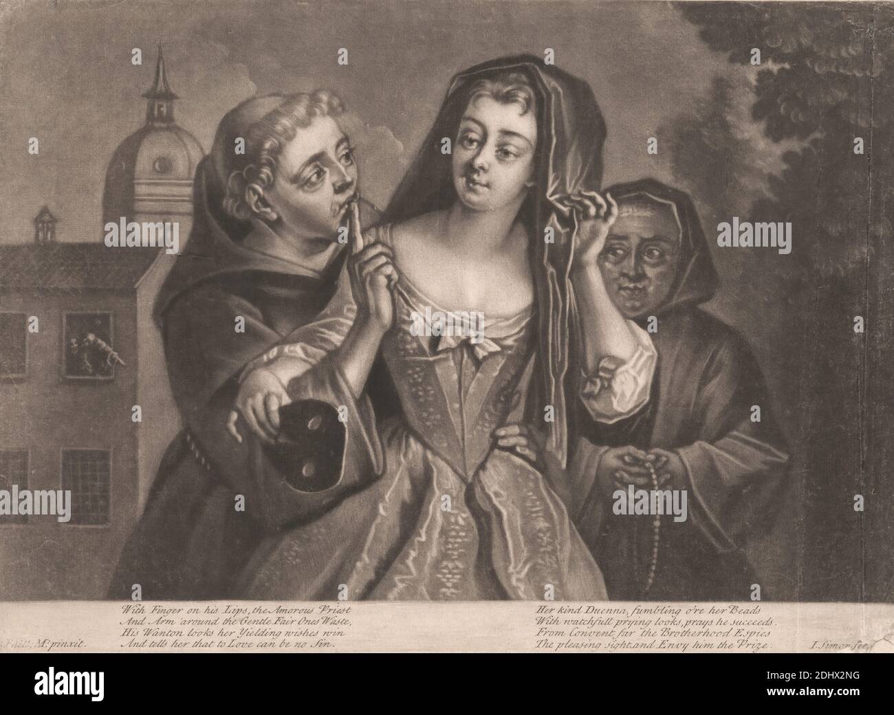 The Masquerders, imprimé par John Simon, 1675–1755, français, d'après Philippe Mercier, 1689 ou 1691–1760, franco-allemand, actif en Grande-Bretagne (à partir de 1716), non daté, Mzzotint sur moyen, légèrement texturé, crème, papier coulé, feuille: 10 1/16 × 13 3/4 pouces (25.6 × 34.9 cm) et image: 9 3/16 × 13 5/8 pouces (23.3 × 34.6 cm), étude de la figure, sujet du genre, prêtres Banque D'Images