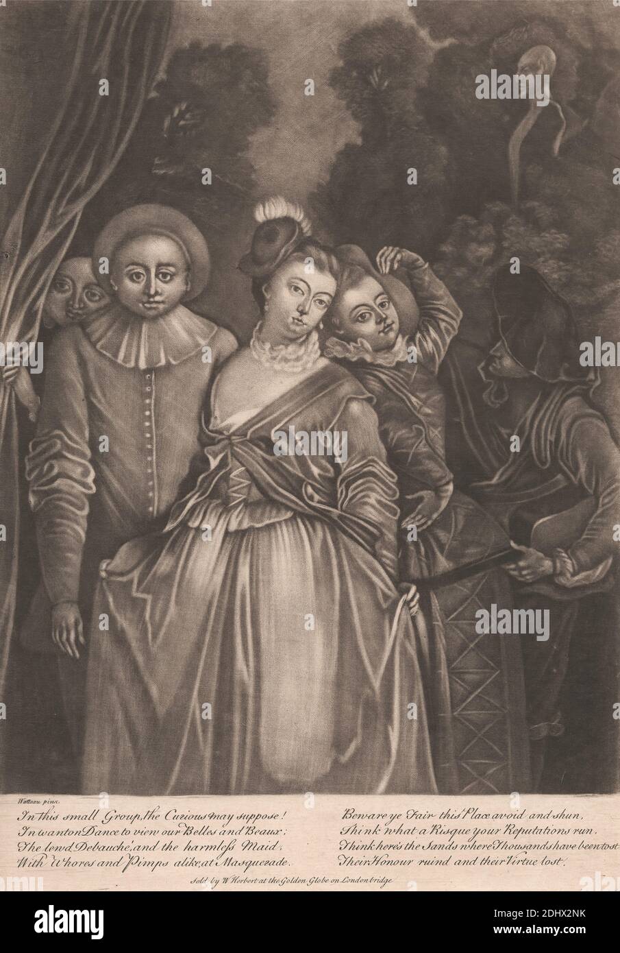 Mascarade, imprimé par John Simon, 1675–1755, français, d'après Jean Antoine Watteau, 1684–1721, français, non daté, Mezzotint sur modérément épais, modérément texturé, crème, papier coulé, feuille: 15 1/4 × 10 11/16 pouces (38.7 × 27.1 cm), plaque: 14 × 9 13/16 pouces (35.6 × 24.9 cm), et image: 12 3/8 × 24.8 cm (9 3/4 × 31.4 pouces) Banque D'Images