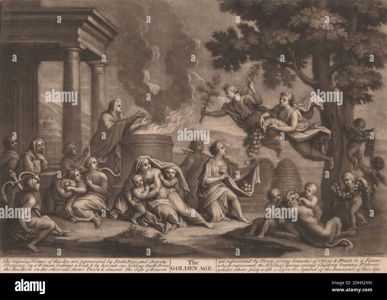 The Golden Age, imprimé par John Simon, 1675–1755, français, après François Verdier, 1651–1730, français, non daté, Mezzotint sur moyen, modérément texturé, beige, papier coulé, feuille: 11 3/8 × 15 3/8 pouces (28.9 × 39.1 cm), plaque: 9 13/16 × 13 13/16 pouces (24.9 × 35.1 cm), et image: 9 1/8 × 34.9 cm (13 3/4 × 23.2 pouces) Banque D'Images