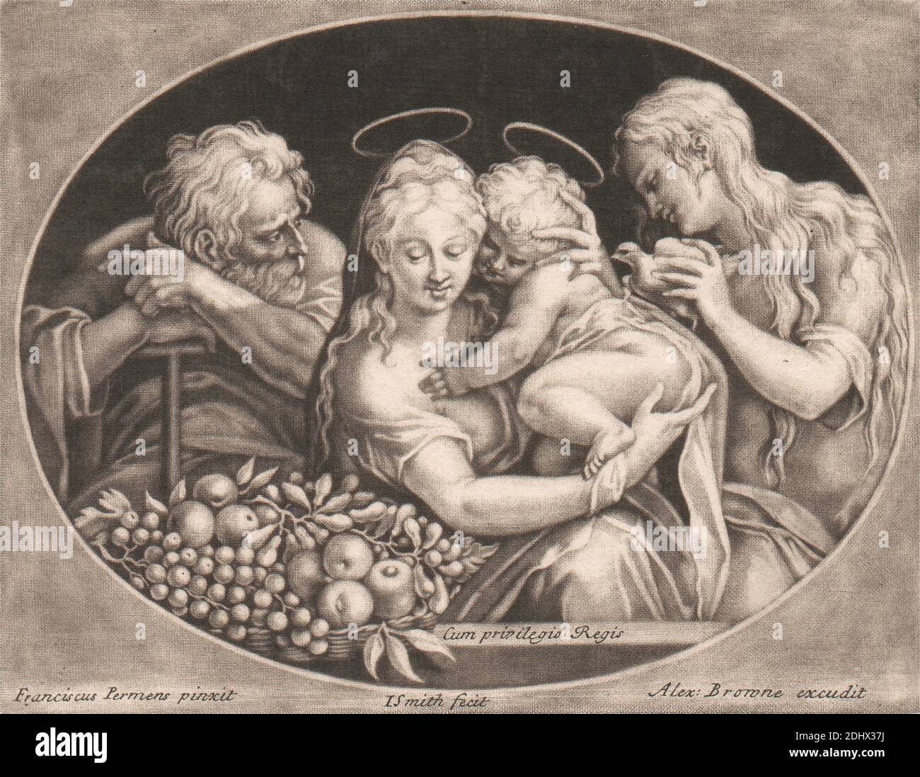 Sainte famille, imprimé par John Smith, 1652–1743, britannique, après Parmegiano, 1503–1540, italien, non daté, Mezzotint sur moyen, modérément texturé, crème, papier coulé, feuille: 4 1/2 × 5 13/16 pouces (11.4 × 14.8 cm), plaque: 4 5/16 × 5 9/16 pouces (11 × 14.1 cm), et image: 4 × 5 1/4 pouces (10.2 × 13.3 cm), bébé, panier, Christianisme, colombe, famille, père, fruit, halos, holding, mère, sujet religieux et mythologique, représentations dérivées de la Sainte famille, serviteur, personnel, voile, observation Banque D'Images Sainte famille, imprimé par John Smith, 1652–1743, britannique, après Parmegiano, 1503–1540, italien, non daté, Mezzotint sur moyen, modérément texturé, crème, papier coulé, feuille: 4 1/2 × 5 13/16 pouces (11.4 × 14.8 cm), plaque: 4 5/16 × 5 9/16 pouces (11 × 14.1 cm), et image: 4 × 5 1/4 pouces (10.2 × 13.3 cm), bébé, panier, Christianisme, colombe, famille, père, fruit, halos, holding, mère, sujet religieux et mythologique, représentations dérivées de la Sainte famille, serviteur, personnel, voile, observation Banque D'Images