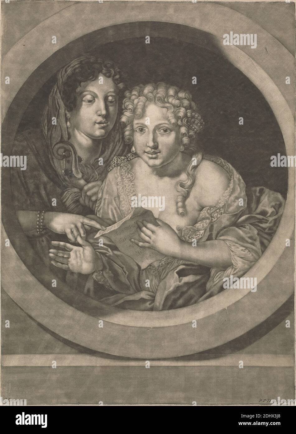 Girls Singing, imprimé par Pieter van den Berge, active 1689–1737, néerlandais, d'après Gerard de Lairesse, 1640–1711, flamand, non daté, Mezzotint et gravure sur papier vélin moyen, légèrement texturé, crème, feuille: 14 × 10 1/4 pouces (35.5 × 26 cm) et image: 9 7/16 × 9 5/8 pouces (24 × 24.4 cm), bracelet, costume, boucles, robes, boucles d'oreilles, genre sujet, filles, instrument, bijoux, dentelle, musique, perles, performance, foulards, partitions, chant, violon, femmes Banque D'Images
