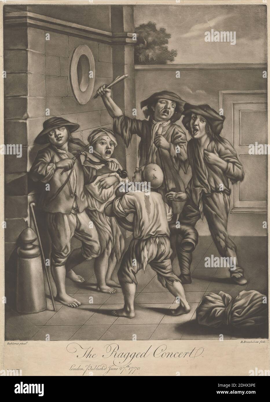 The Ragged concert, imprimé par Richard Brookshaw, 1736–1804, d'après Pierre Hubert Subleyras, 1699–1749, français, 1770, Mezzotint et gravure sur papier crème moyen, légèrement texturé, feuille: 14 1/16 x 10 3/16 pouces (35.7 x 25.9 cm), plaque: 13 15/16 x 9 7/8 pouces (35.4 x 25.1 cm), et image: 12 1/2 x 9 7/8 pouces (31.8 x 25.1 cm), pieds nus, mendiants, garçons, bâtiments, faisceau, enfants, porte, genre sujet, chapeaux, musique, instruments de musique, performance, pauvre, pauvreté, défilement (artefact d'information), serpent (instrument de musique), chant, chant, chant, personnel, rue, violon Banque D'Images