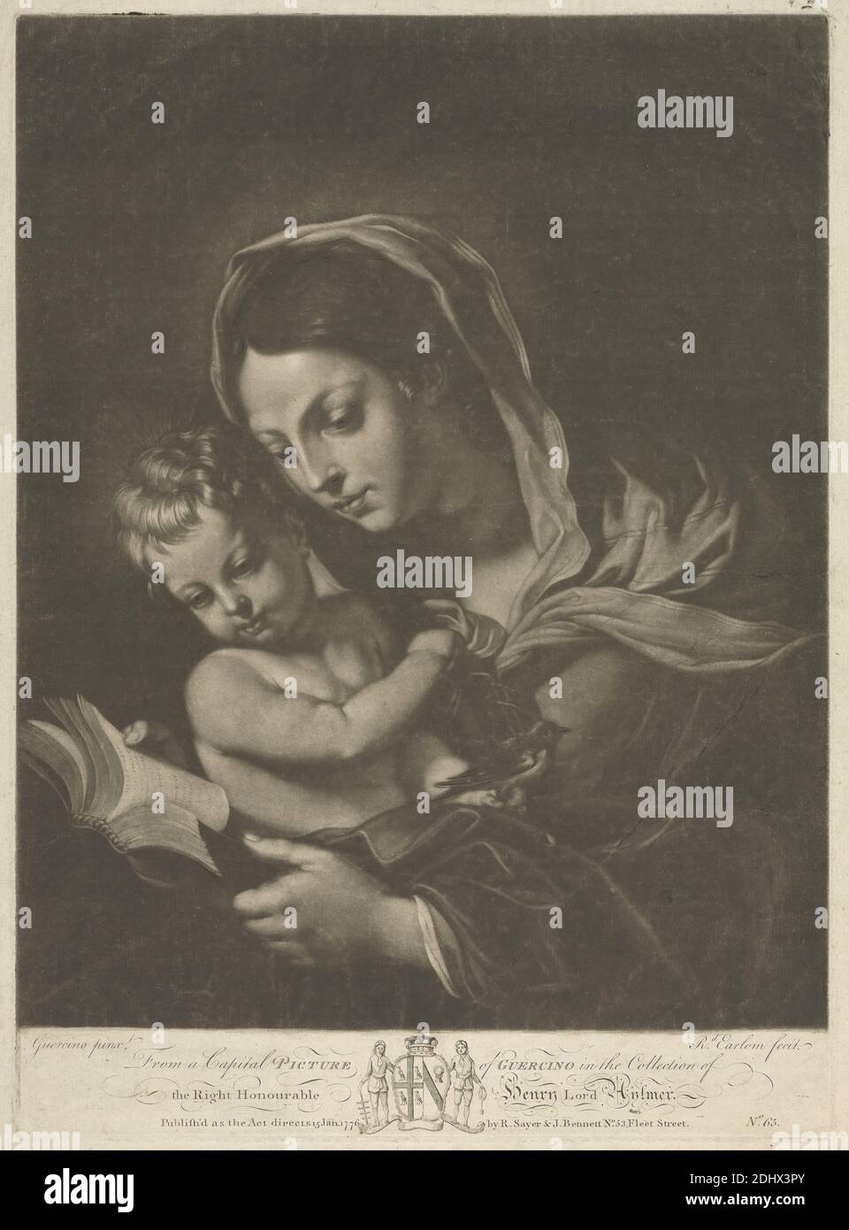 Virgin and Child, imprimé par Richard Earlom, 1743–1822, British, After Giovanni Guercino, 1591–1666, Italian, publié par Sayer & Bennett, 1725–1794, British, 1776, Mezzotint sur papier crème moyennement texturé, feuille: 17 3/8 x 12 1/2 pouces (44.1 x 31.7 cm), plaque: 15 3/8 x 28.3 cm (11 1/8 x 39 pouces) et image : 13 7/8 x 11 1/8 pouces (35.3 x 28.3 cm), oiseau, livre, garçon, enfant, Christ-enfant tenant quelque chose dans sa main, par exemple pomme, oiseau, cerises, crucifix, raisin, moulin à vent en papier  Madonna-représentations, christianisme, manteau, armoiries, écusson, finch, motif héraldique Banque D'Images