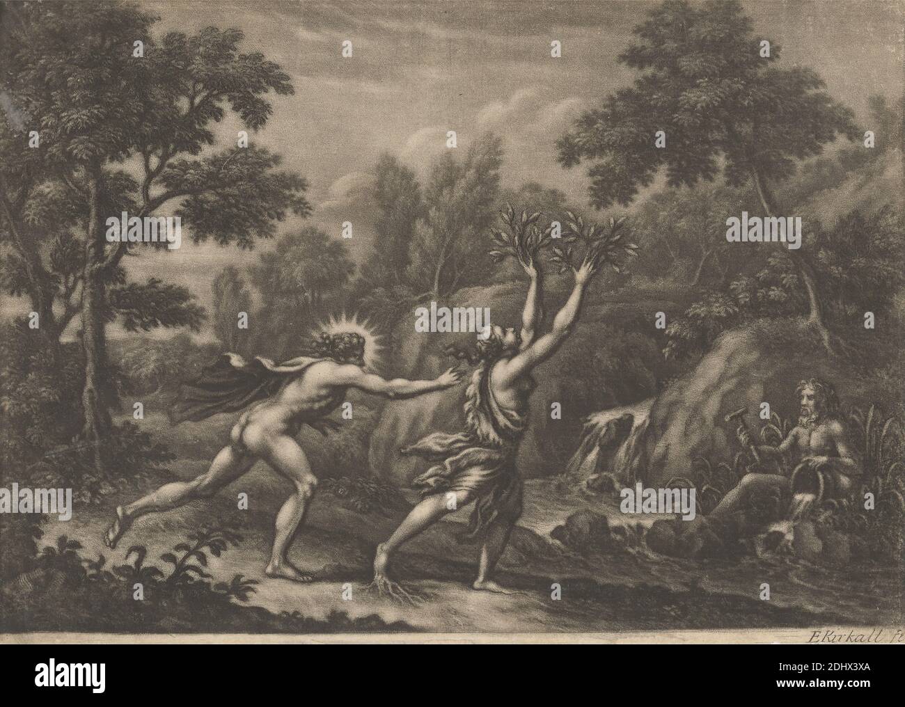 Apollo et Daphne, imprimé par Elisha Kirkall, ca. 1682–1742, britannique, non daté, Mezzotint sur moyen, modérément texturé, crème, papier couché, feuille: 6 9/16 × 9 1/8 pouces (16.7 × 23.2 cm), bassin, chasse, forêt, dieux, halo, marteau, haine, aide, paysage, laurel, lust, métamorphose (événement biologique), nymphe, effusion, sujet religieux et mythologique, rivière, rivière, rivière, rivière, rivière, rivière, arbre vierge, racines, cascade, arbre, cascade, soleil Banque D'Images