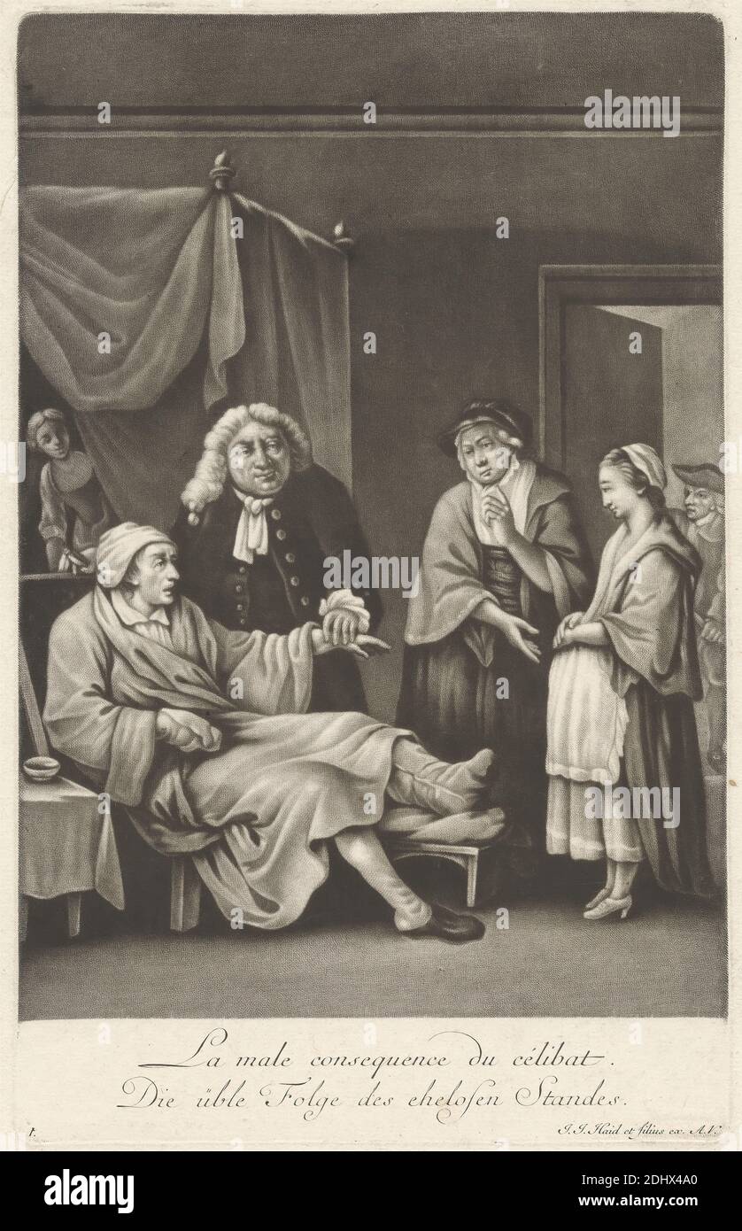 La mâle conséquence du célibat, imprimé par Johann Jacobus Haid, 1704–1767, et Johann Elias Haid, 1739–1809, allemand, non daté, Mezzotint sur papier légèrement épais, légèrement texturé, crème, feuille: 15 13/16 x 10 1/16 pouces (40.2 x 25.6 cm), plaque: 12 11/16 x 8 1/16 pouces (32.2 x 20.5 cm), et image: 11 5/16 x 8 pouces (28.7 x 20.3 cm), tabliers, bandages, casquettes, comédie, convalescence, genre sujet, humour, mari, infidélité, homme, hommes, grossesse, enceinte, serviteurs, malade, femme, femme, femmes, blessures Banque D'Images