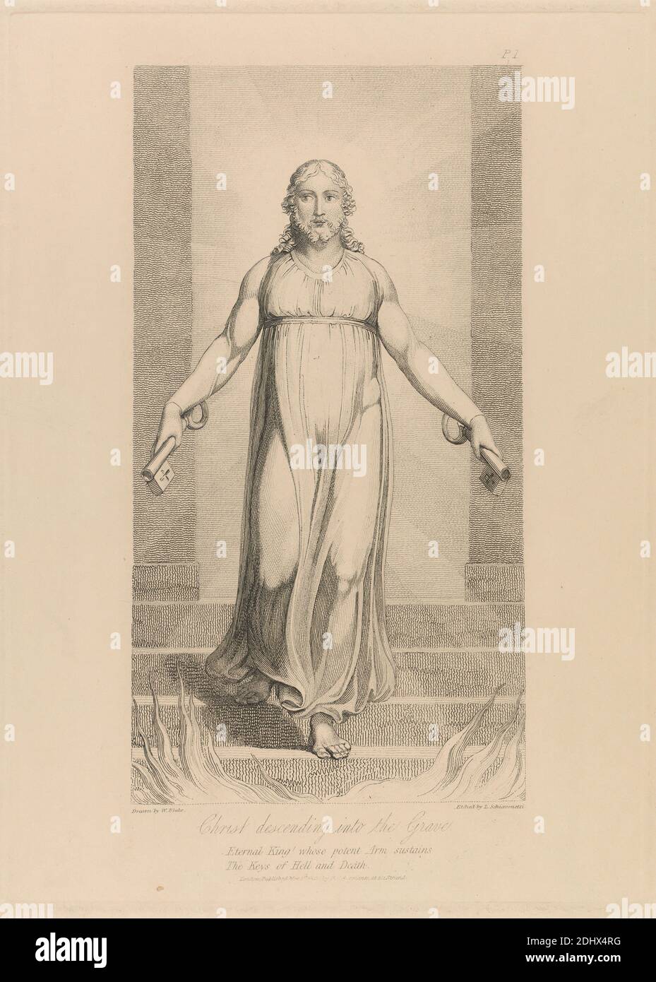 Christ descendant dans la tombe, imprimé par Luigi Schiavonetti, 1765–1810, italien, d'après William Blake, 1757–1827, britannique, texte de Robert Blair, 1699–1746, britannique, publié par Rudolf Ackermann, 1764–1834, britannique, 1808, publié en 1813, Etching sur un papier à colombe légèrement texturé, feuille: 15 × 11 3/8 pouces (38.1 × 28.9 cm), plaque: 11 × 7 7/8 pouces (27.9 × 20 cm), et image: 9 1/8 × 4 7/8 pouces (23.2 × 12.4 cm), pieds nus, Christianisme, mort, descendant, flammes, tombe, halo, enfer, clés, lumière, homme, sujet religieux et mythologique, robes, salut, victoire Banque D'Images