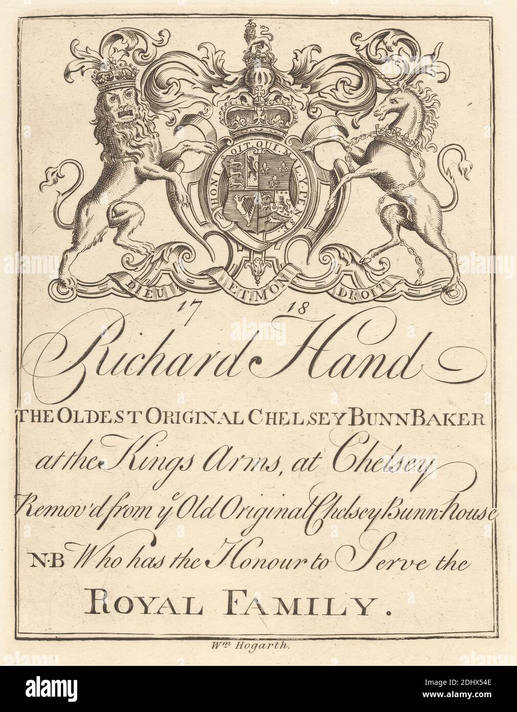 Fiche de commerce pour: Richard Hand, le plus ancien Chelsey Bunn Baker original aux bras du Roi Chelsey, William Hogarth, 1697–1764, British, 1718, Line gravure (réimpression), plaque: 7 x 5 1/8 pouces (17.8 x 13 cm) et feuille: 8 3/4 x 6 1/4in. (22.2 x 15,9 cm Banque D'Images