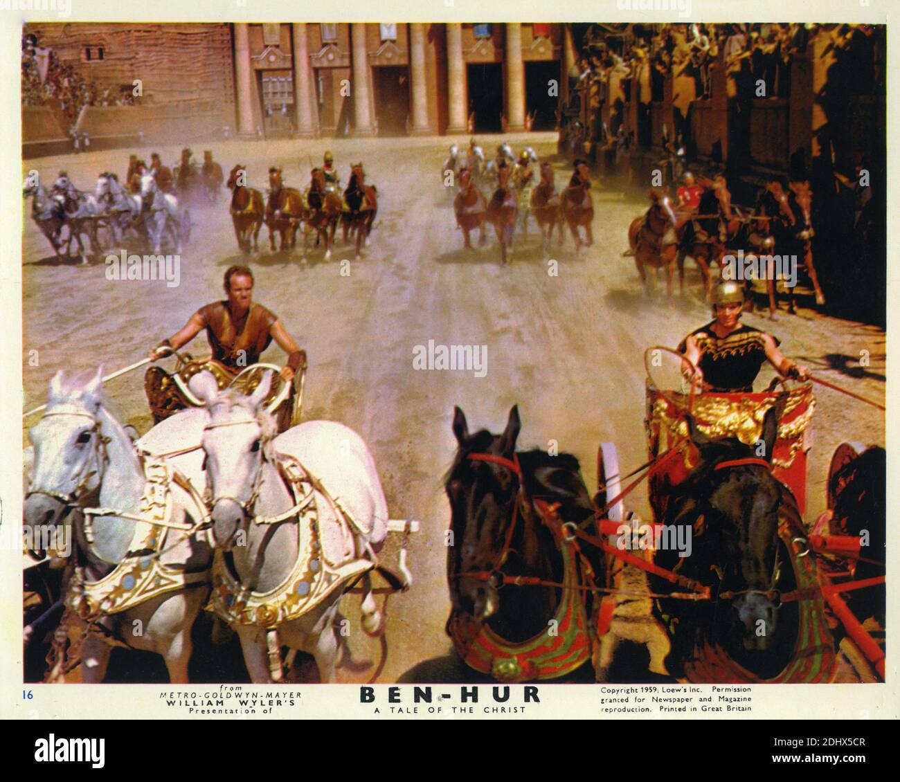 CHARLTON HESTON et STEPHEN BOYD pendant la course Chariot à BEN-HUR 1959 réalisateur WILLIAM WYLER roman général Lew Wallace scénario Karl Musique Tunberg Miklos Rozsa costume design Elizabeth Haffenden producteur Sam Zimbalist Metro Goldwyn Mayer Banque D'Images