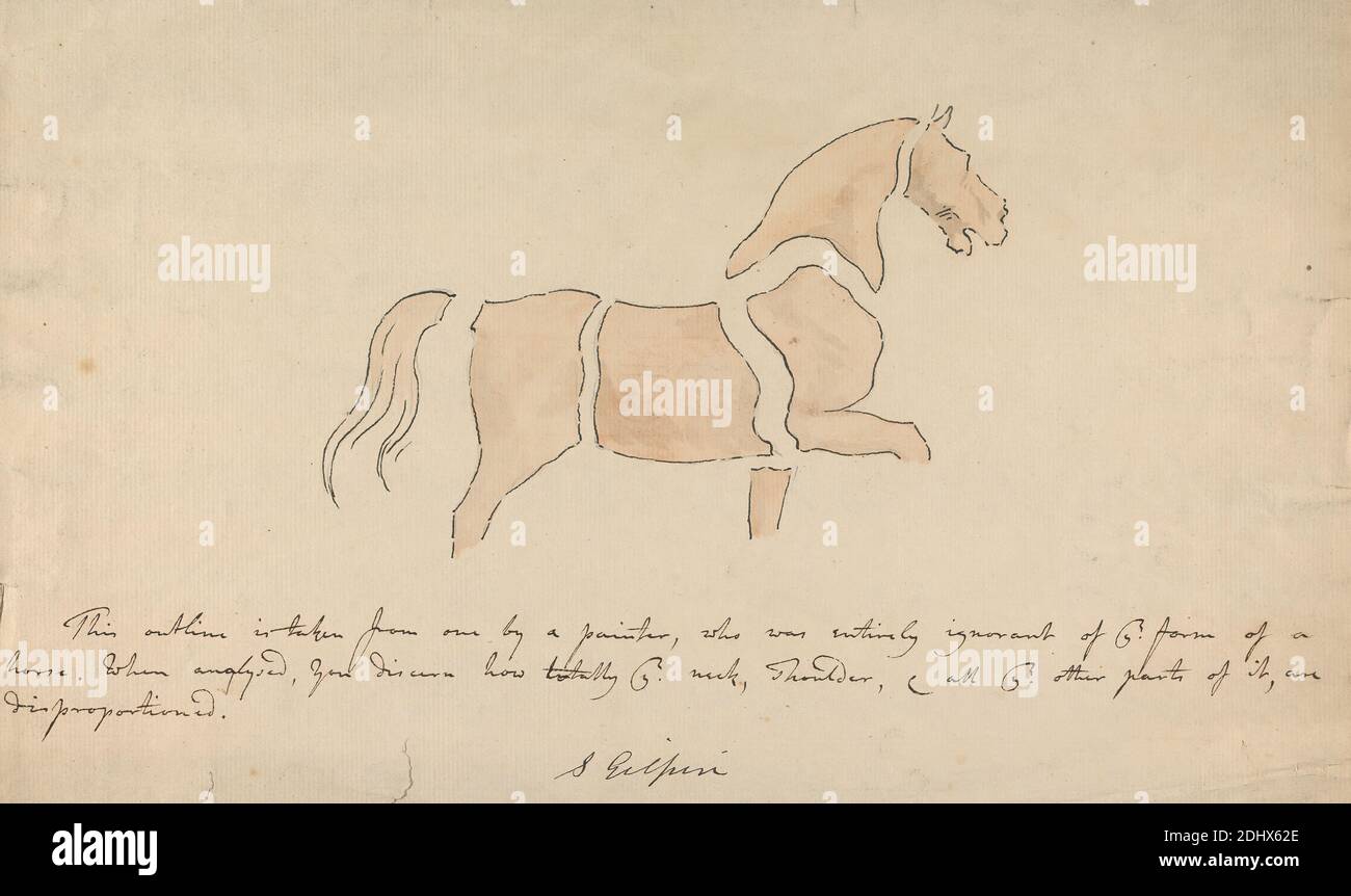 Dessin de chevaux en disproportion, Sawrey Gilpin, 1733–1807, British, CA. 1760, aquarelle, graphite, stylo et encre noire sur papier de couleur moyenne, modérément texturé, beige, feuille: 8 3/16 × 13 3/8 pouces (20.8 × 34 cm), art animal Banque D'Images