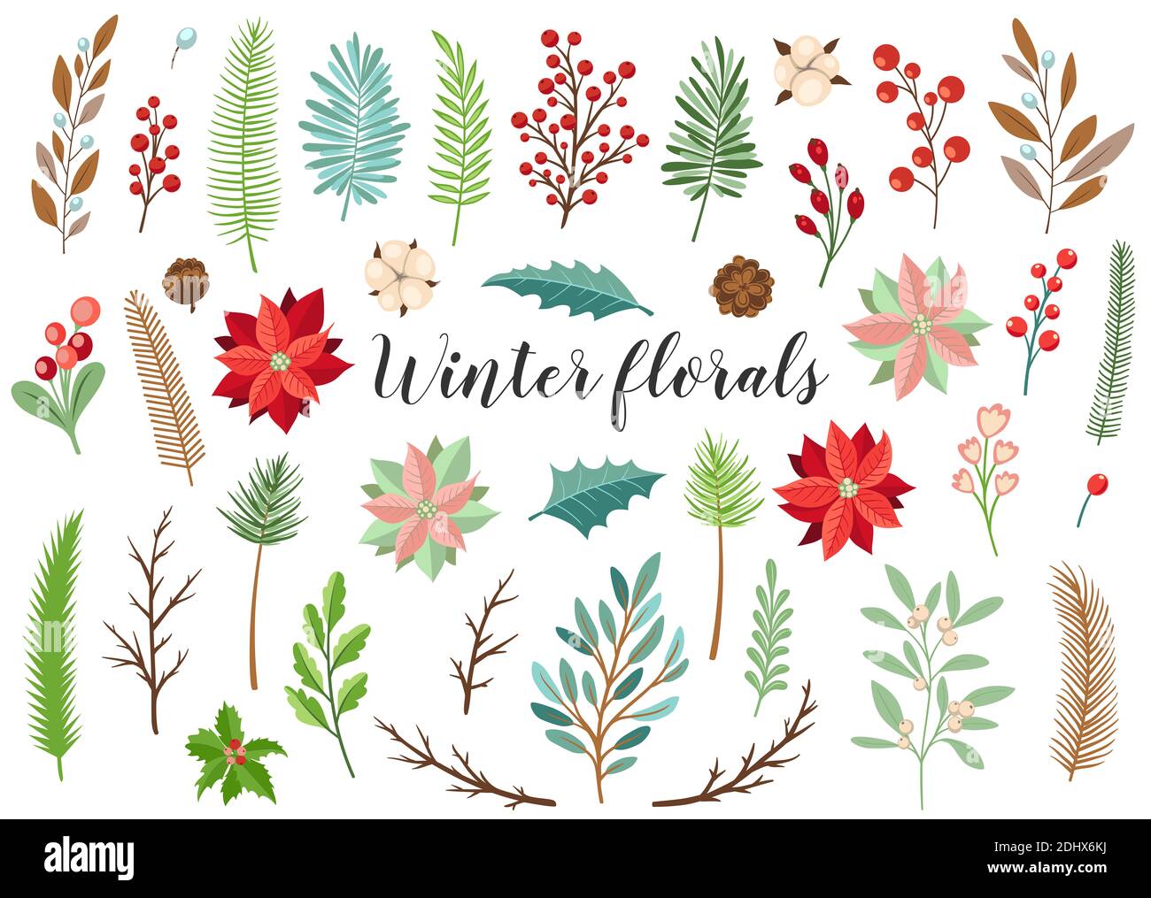 Ensemble de décorations florales d'hiver. Kit design Noël et nouvel an Banque D'Images