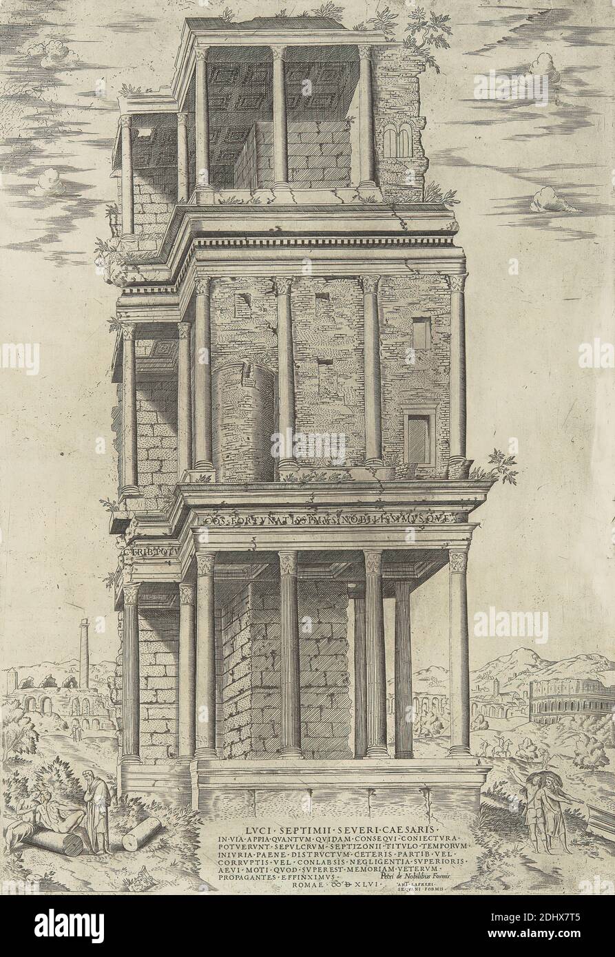 Luci Septimii Severi Caesaris in via Appia, imprimé par un artiste inconnu, XVIe siècle, publié par Pietro de Nobili, active 1582, italien, publié par Antonio Ladreri, 1512–1577, français, 1546, gravure en ligne sur papier cousu moyen, légèrement texturé et crème Banque D'Images