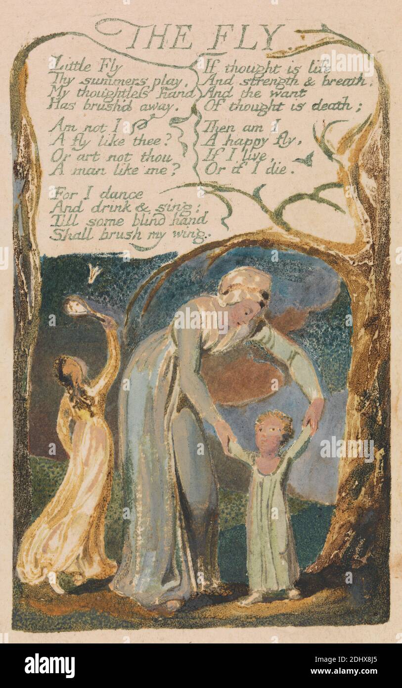 Songs of innocence and of Experience, plate 48, 'The Fly' (Bentley 40), William Blake, 1757–1827, British, 1794, peinture relief imprimée en couleur avec stylo et encre et aquarelle sur papier vélin crème modérément épais, légèrement texturé, feuille: 7 1/4 x 4 3/4 pouces (18.4 x 12.1 cm) et plaque: 4 5/8 x 2 7/8 pouces (11.7 x 7.3 cm), badminton, branches, enfants, sujet historique, feuille, mère, shuttlecock, texte, arbres, vignes, femmes Banque D'Images