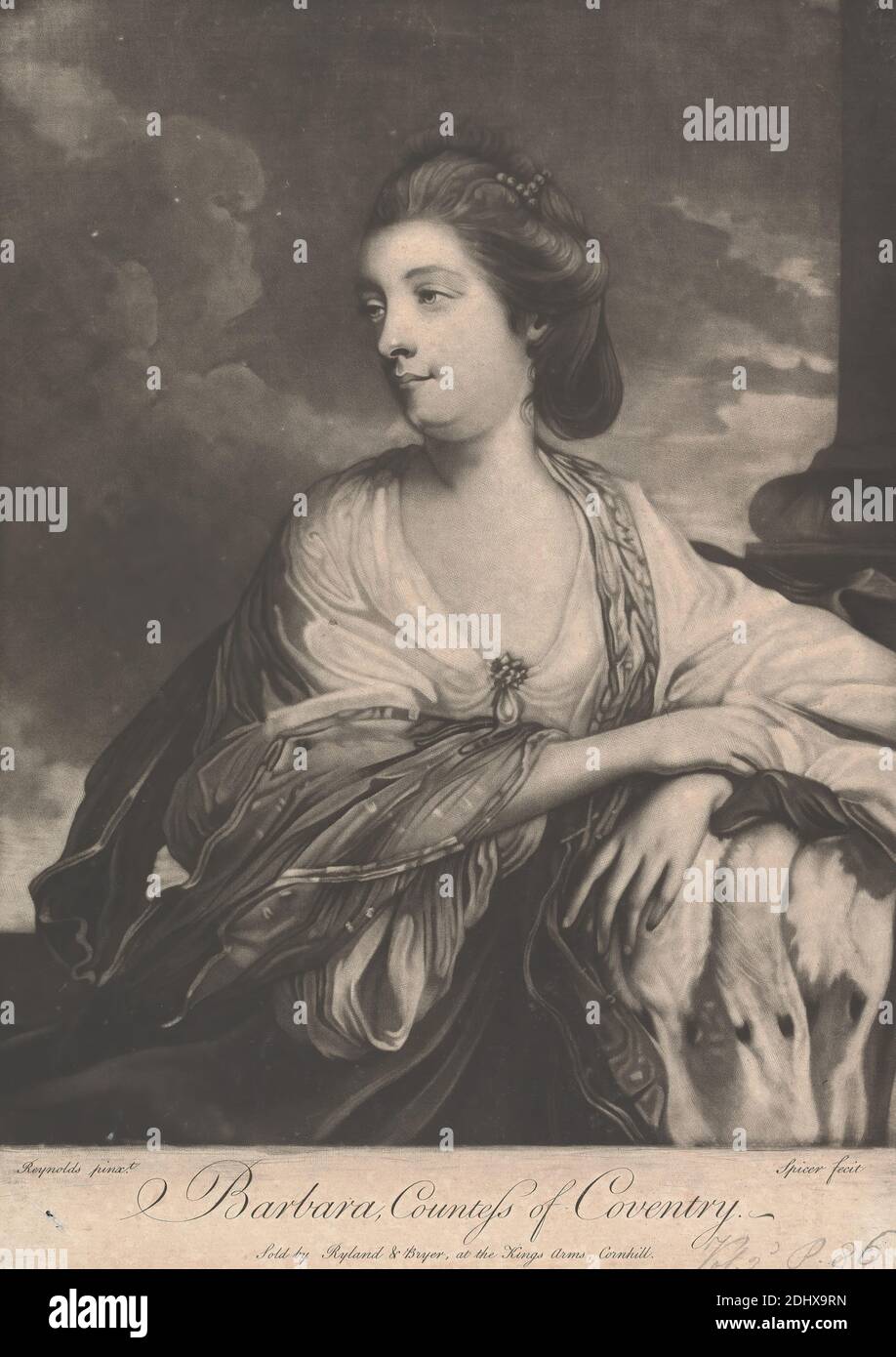 Barbara, comtesse de Coventry, Henry Spicer, 1741–1804, britannique, d'après Sir Joshua Reynolds RA, 1723–1792, britannique, 1764-1765, Mezzotint sur papier moyen, légèrement texturé, beige, couché, feuille: 13 11/16 × 9 3/4 pouces (34.8 × 24.8 cm) et image: 12 5/16 × 9 3/4 pouces (31.3 × 24.8 cm Banque D'Images