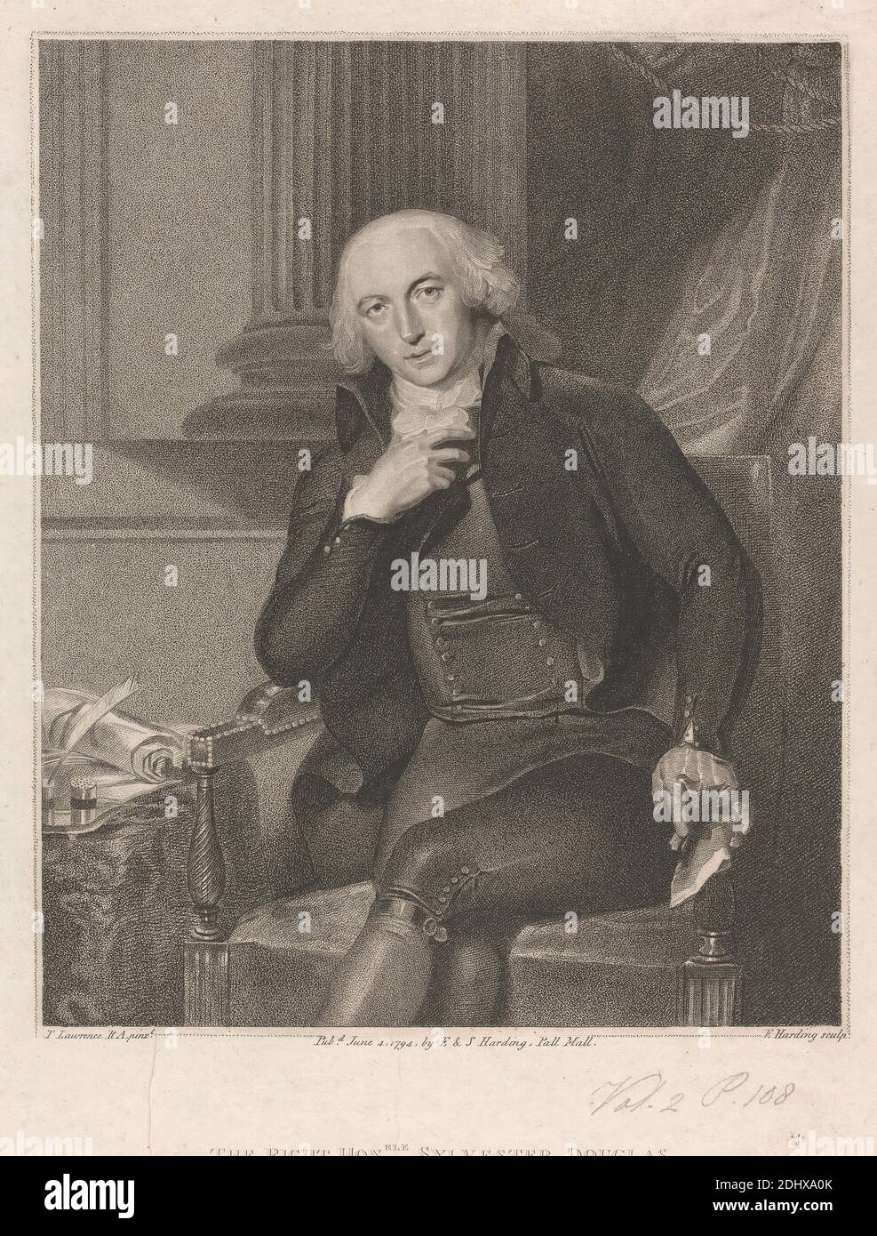 L'honorable Sylvester Douglas, 1er baron Glenbervie de Kincardine, Edward Harding, 1755–1840, Britannique, d'après Sir Thomas Lawrence, 1769–1830, Britannique, 1794, gravure en crépette sur papier moyen, légèrement texturé, crème, vélin, feuille : 12 5/8 × 9 11/16 pouces (32.1 × 24.6 cm) et image : 10 9/16 × 21.7 cm (8 9/16 × 26.8 pouces) Banque D'Images