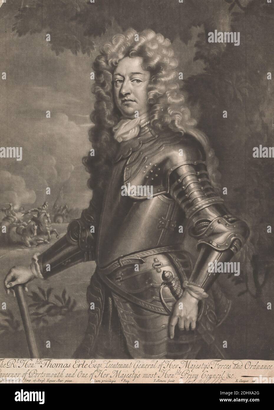 Sir Thomas Erle Esqr., John Simon, 1675–1755, français, Edward Cooper, ?, actif 1682–mort 1725, britannique, d'après Sir Godfrey Kneller, 1646–1723, allemand, actif en Grande-Bretagne (à partir de 1676), non daté, Mezzotint sur moyen, légèrement textures, beige, papier coulé, feuille: 13 5/8 × 10 pouces (34.6 × 25.4 cm) et image: 12 3/4 × 25.4 cm (10 × 32.4 pouces) Banque D'Images