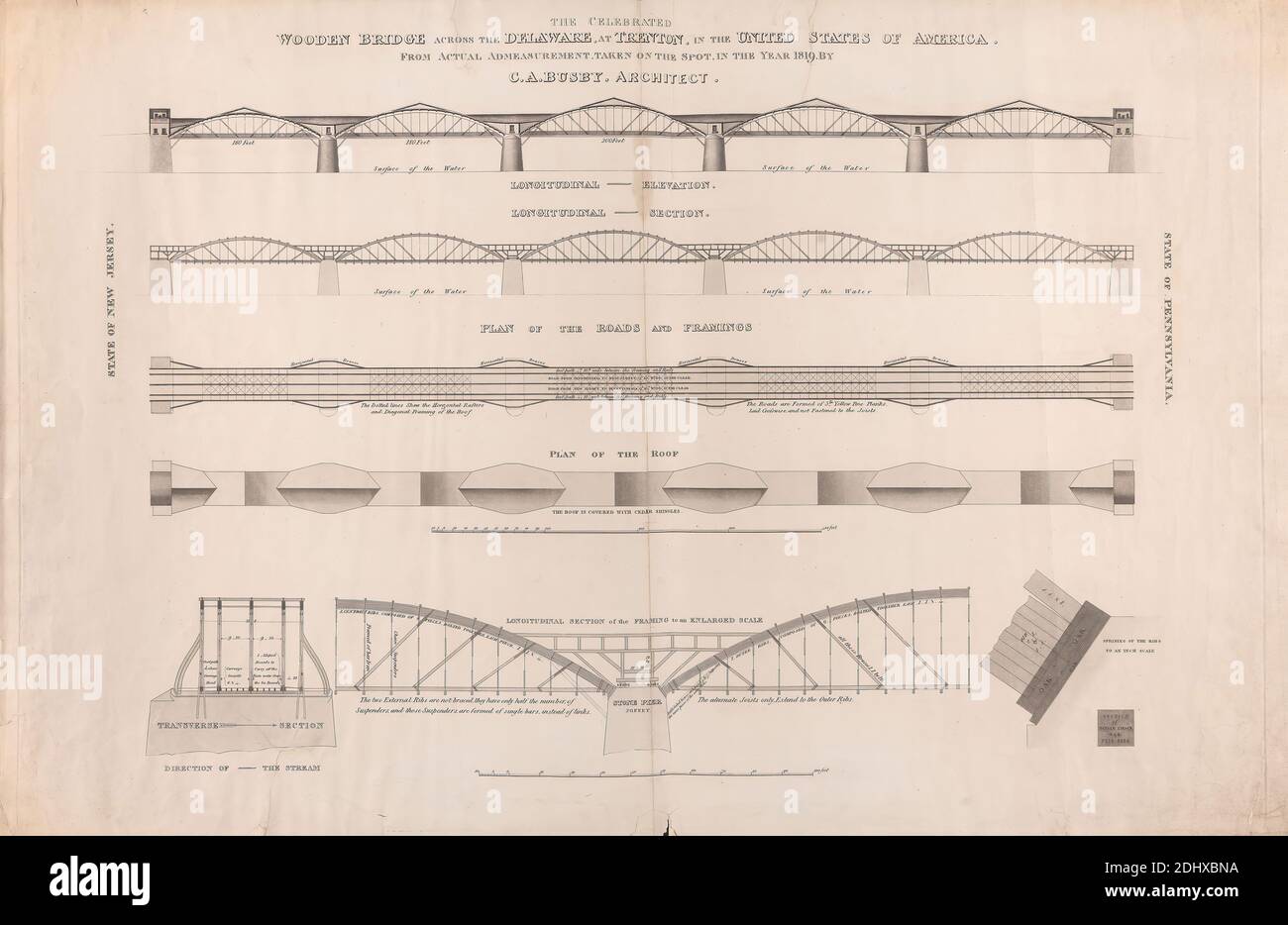 Le célèbre pont en bois traversant le Delaware à Trenton, Charles Augustus Busby, 1788–1834, British, 1821 Banque D'Images