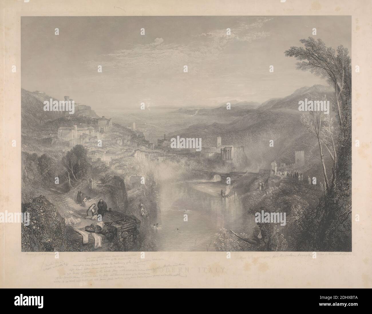 Modern Italy, imprimé par William Miller, 1796–1882, British, d'après Joseph Mallord William Turner, 1775–1851, British, 1842, Etching et gravure de ligne, avec graphite et raclage; gravure (a) sur papier épais, à texture esthétique, crème, feuille: 22 × 27 7/8 pouces (55.9 × 70.8 cm), Cine Collé: 21 3/8 × 27 1/8 pouces (54.3 × 68.9 cm) et image : 17 × 23 7/8 pouces (43.2 × 60.6 cm) Banque D'Images