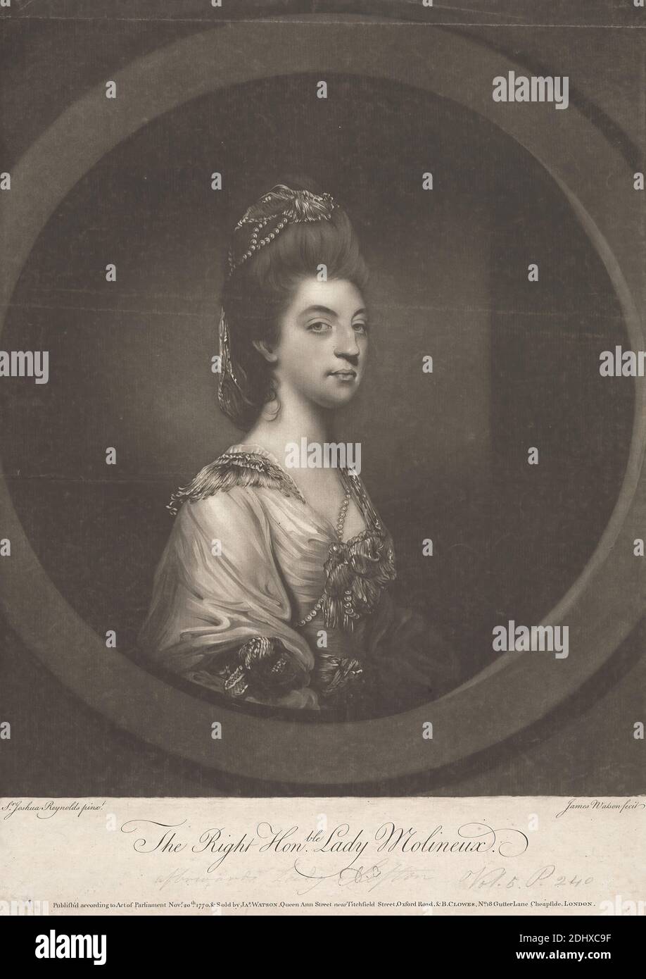 Isabella Molyneux (née Stanhope), comtesse de Sefton, James Watson, 1740–1790, Britannique, d'après Sir Joshua Reynolds RA, 1723–1792, Britannique, 1770, Mezzotint sur papier moyennement texturé, bleuté blanc, paré, feuille: 15 3/8 × 10 15/16 pouces (39.1 × 27.8 cm) et image: 13 5/16 × 27.6 cm (10 7/8 × 33.8 pouces) Banque D'Images