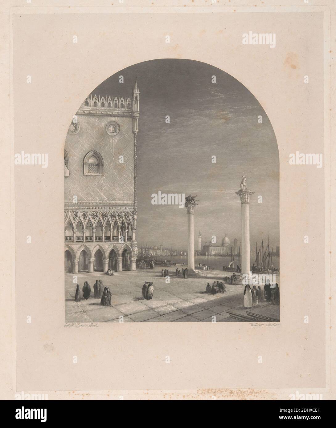Venise - The Piazzetta, imprimé de William Miller, 1796–1882, British, d'après Joseph Mallord William Turner, 1775–1851, British, 1853-1874, Etching et gravure de ligne; premier état publié sur papier vélin moyen, légèrement texturé, crème Banque D'Images