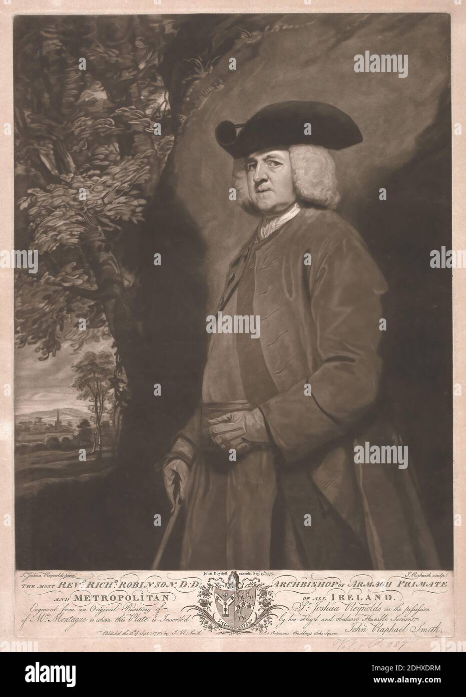 Le révérend Richard Robinson, archibishop d'Armagh, John Raphael Smith, 1752–1812, britannique, d'après Sir Joshua Reynolds RA, 1723–1792, britannique, 1775, Mezzotint sur papier moyen, modérément texturé, beige, couché, feuille: 20 7/8 × 15 1/8 pouces (53 × 38.4 cm), plaque: 19 7/8 × 14 pouces (50.5 × 35.6 cm), et image: 17 3/4 × 13 15/16 pouces (45.1 × 35.4 cm), manteau, gants, paysage, portrait, roche (forme terrestre), frêne, arbres, chapeau tricorne Banque D'Images