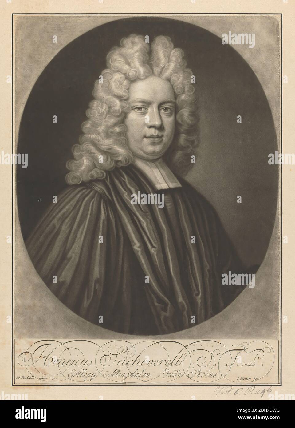 Henricus Sacheverell, John Smith, 1652–1743, britannique, d'après Anthony Russel, c.1660–1743, britannique, 1710, Mezzotint sur moyen, modérément texturé, crème, papier coulé, monté sur, modérément épais, légèrement texturé, crème, papier coulé, support: 15 1/4 × 11 3/16 pouces (38.7 × 28.4 cm), feuille: 13 13/16 × 10 pouces (35.1 × 25.4 cm), et image : 11 15/16 × 9 7/8 pouces (30.3 × 25.1 cm), bandes, homme, portrait, sujet religieux et mythologique, tippet, perruque Banque D'Images