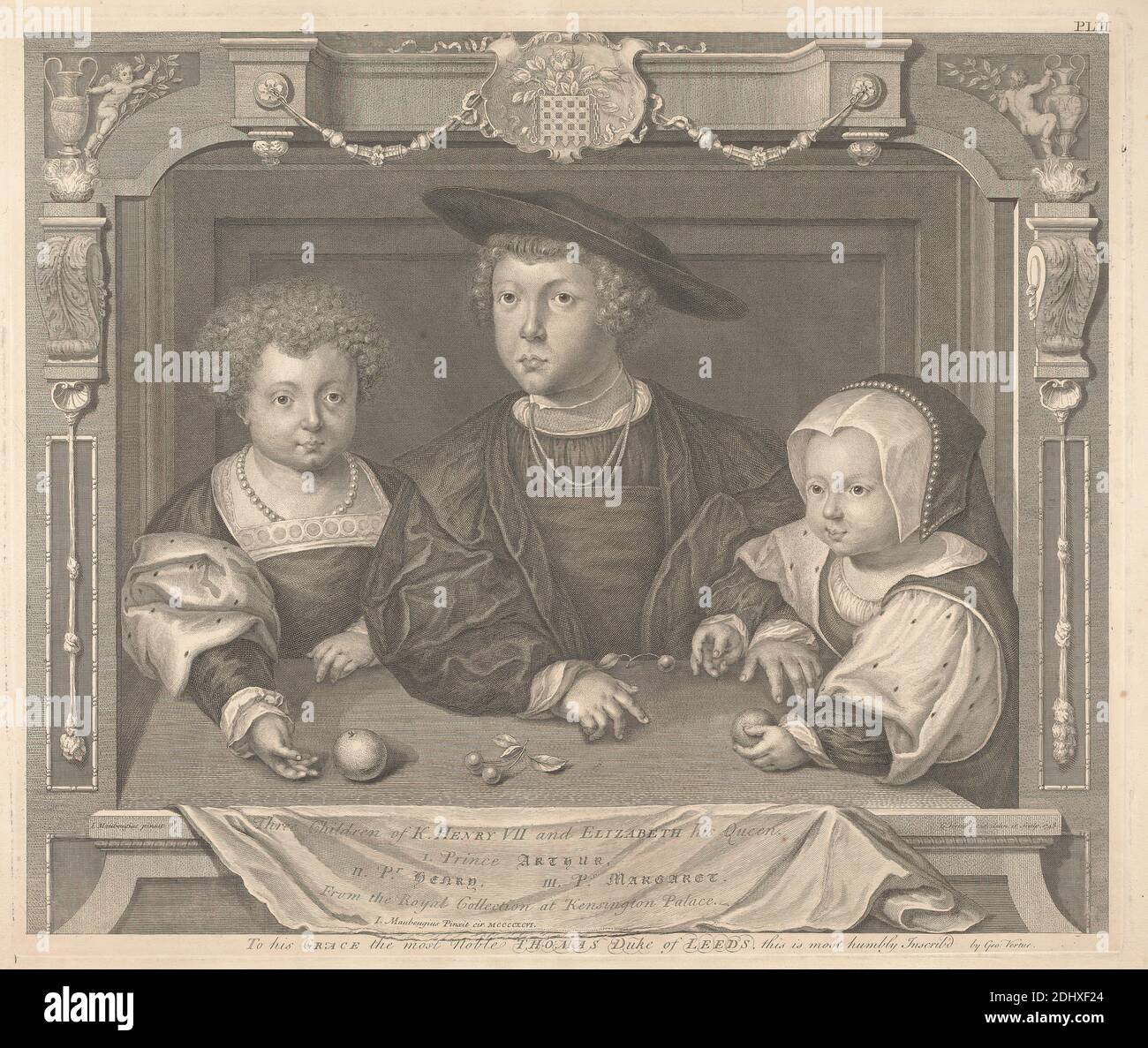 Trois enfants de Henry VII et Elizabeth sa Reine, Prince Arthur, Prince Henry et princesse Margaret, George Vertue, 1684–1756, Britannique, d'après Jean Maubeuge, 1470–1532, flamand, 1748, gravure en crépette et gravure en lignes sur modérément épais, modérément texturé, crème, papier coulé, feuille : 19 9/16 × 23 5/16 pouces (49.7 × 59.2 cm), plaque : 18 3/4 × 22 1/4 pouces (47.6 × 56.5 cm) et image : 18 × 21 11/16 pouces (45.7 × 55.1 cm) Banque D'Images