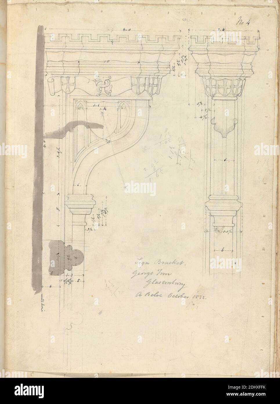 George Inn, Glastonbury, Somerset : porte-affiche, artiste inconnu, (A Beloe), Studio d'Augustus Charles Pugin, 1762–1832, français, anciennement Augustus Welby Northmore Pugin, 1812–1852, britannique, 1832, Graphite et stylo et encre noire avec lavage gris sur papier vélin moyennement épais, légèrement texturé, crème, feuille : 14 3/8 x 10 9/16 pouces (36.5 x 26.8 cm), sujet architectural, supports (éléments structurels), dessins, gothic (médiéval), auberges, signes, Glastonbury Banque D'Images