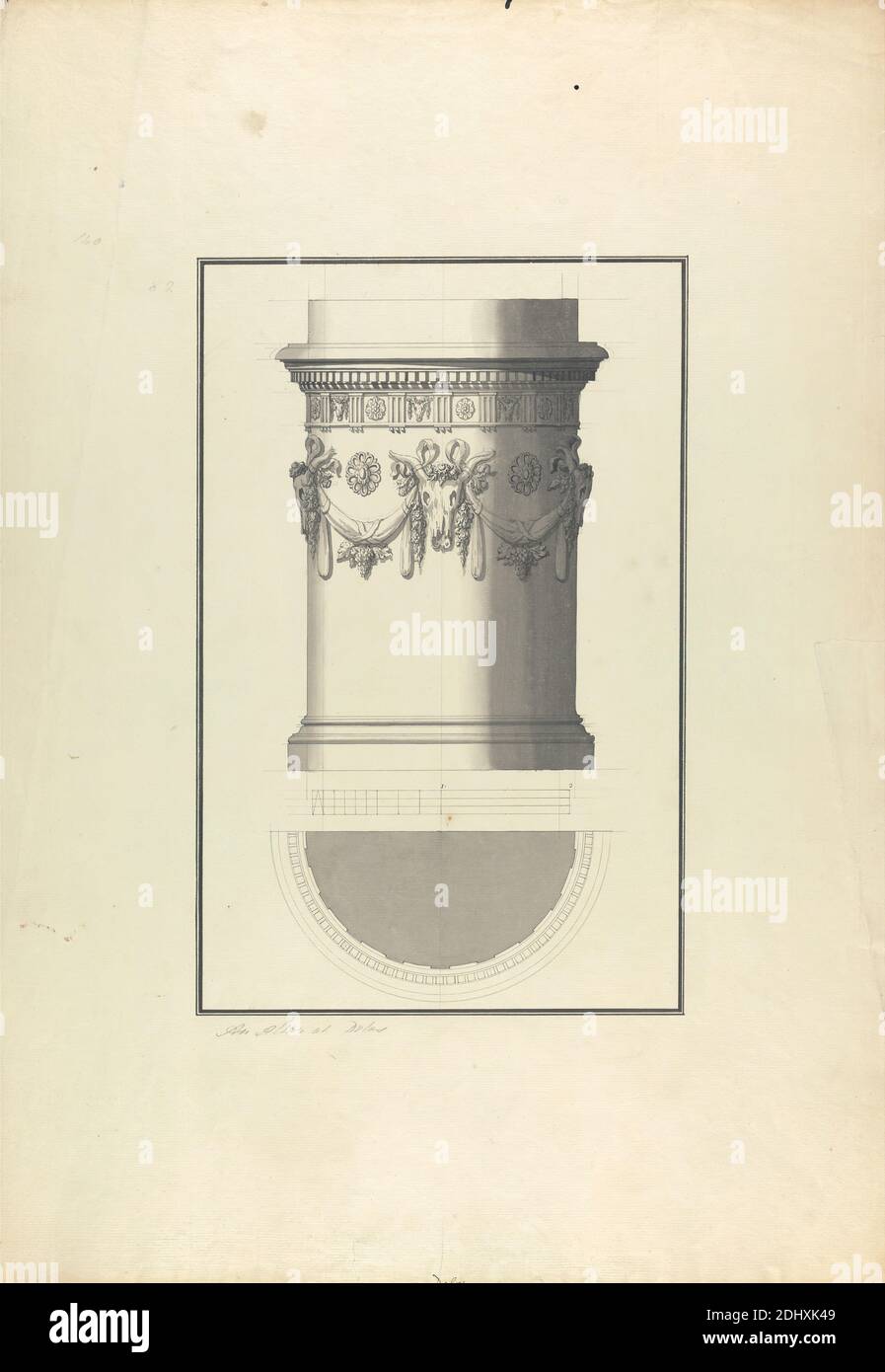 Un autel à Delos, Giovanni Battista Borra, 1713–1770, italien, 1751, encre noire avec lavage gris sur graphite sur papier beige modérément épais, modérément texturé, feuille: 21 3/16 x 14 3/4 pouces (53.8 x 37.5 cm) et image: 12 3/8 x 8 pouces (31.5 x 20.3 cm), autel, sujet architectural, colonne (élément architectural), festoons, Dhílos, Dhílos, Grèce, Kikládnes, Nísoi Aiyaíou Banque D'Images