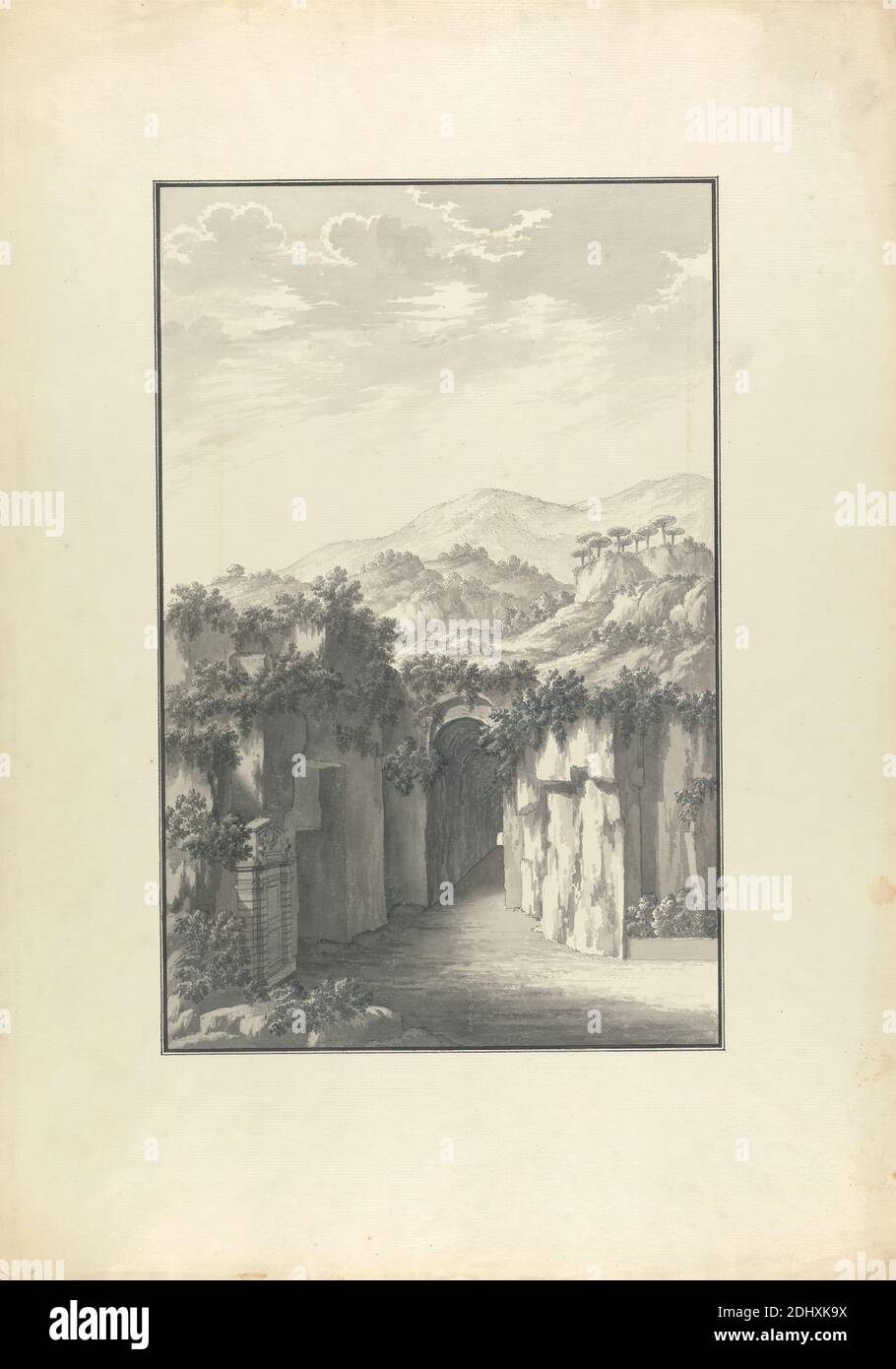 Vue d'un passage Couper dans une colline, Giovanni Battista Borra, 1713–1770, italien, ca. 1750, lavage gris à l'encre noire sur graphite sur papier beige modérément épais, modérément texturé, feuille: 21 1/8 x 15 pouces (53.7 x 38.1 cm) et image: 14 5/16 x 9 1/4 pouces (36.4 x 23.5 cm), sujet architectural, buissons, collines, paysage, montagnes, niche, passage, arbres Banque D'Images Vue d'un passage Couper dans une colline, Giovanni Battista Borra, 1713–1770, italien, ca. 1750, lavage gris à l'encre noire sur graphite sur papier beige modérément épais, modérément texturé, feuille: 21 1/8 x 15 pouces (53.7 x 38.1 cm) et image: 14 5/16 x 9 1/4 pouces (36.4 x 23.5 cm), sujet architectural, buissons, collines, paysage, montagnes, niche, passage, arbres Banque D'Images
