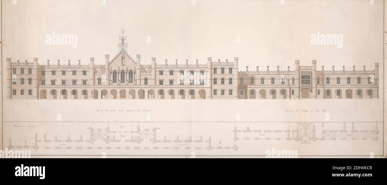 Élévation d'un projet de conception pour le King's College, Cambridge, William Wilkins, 1778–1839, British, ca. 1825, Graphite, aquarelle, stylo et encre noire sur papier légèrement texturé, modérément épais, crème, feuille: 16 × 39 pouces (40.6 × 99.1 cm), sujet architectural Banque D'Images