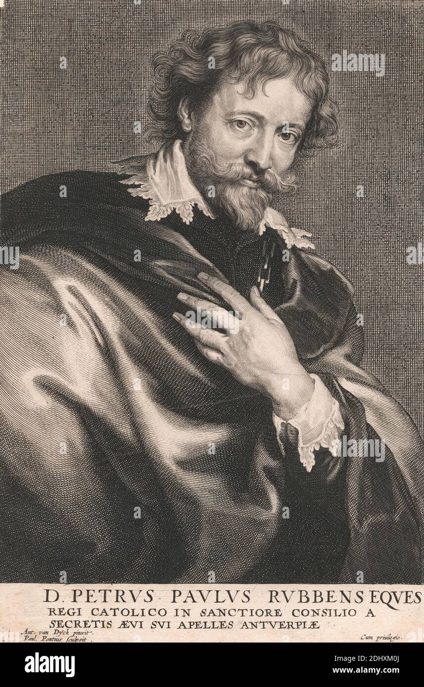 D. Petrus Paulus Rubbens Eques, REGI Catolico in Sanctiore Consilio a Secretis ævi sui Apelles Antuerpiæ, Paulus Ponce, 1603–1658, flamand, après Sir Anthony Van Dyck, 1599–1641, flamand, actif en Grande-Bretagne (1620–21; 1632–34; 1635–41), vers.1635, gravure en ligne, gravure et gravure en pointillé sur papier à poser, légèrement texturé, blanc brun, sur papier, modérément épais, modérément texturé, crème, papier à poser, support: 15 × 10 7/8 pouces (38.1 × 27.6 cm), feuille: 9 3/16 × 6 3/16 pouces (23.3 × 15.7 cm), et image: 8 1/4 × 15.4 cm (6 1/16 × 21 pouces) Banque D'Images